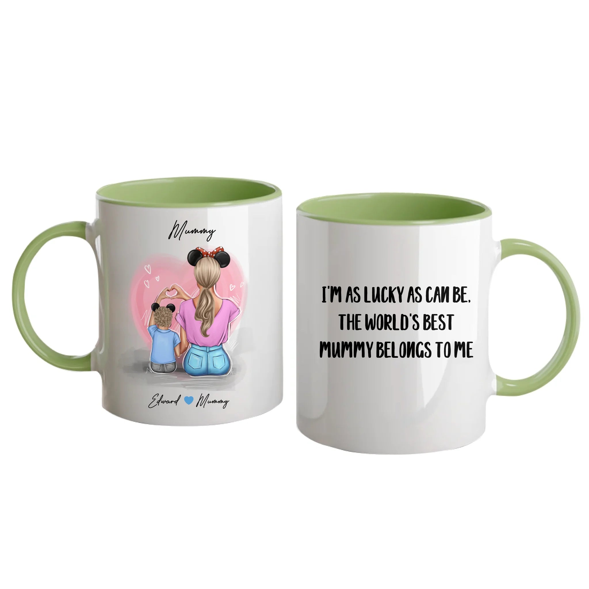 Personalised white mug featuring customisable clipart of a mother and son, choice of mum-related title, heartfelt quotes, and names. Green handle and interior.