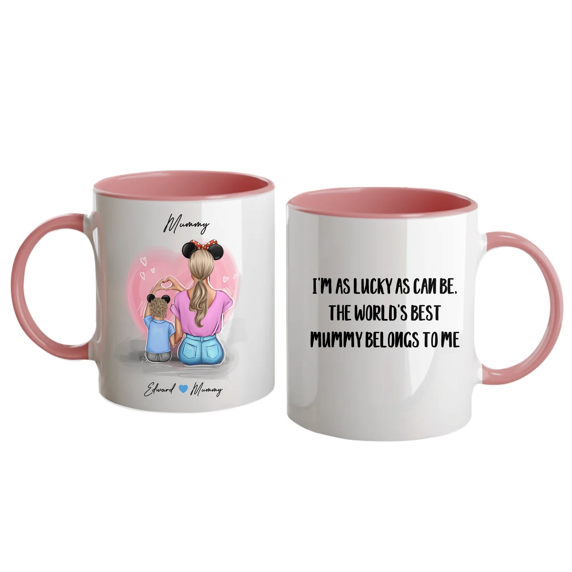 Personalised white mug featuring customisable clipart of a mother and son, choice of mum-related title, heartfelt quotes, and names. Pink handle and interior.
