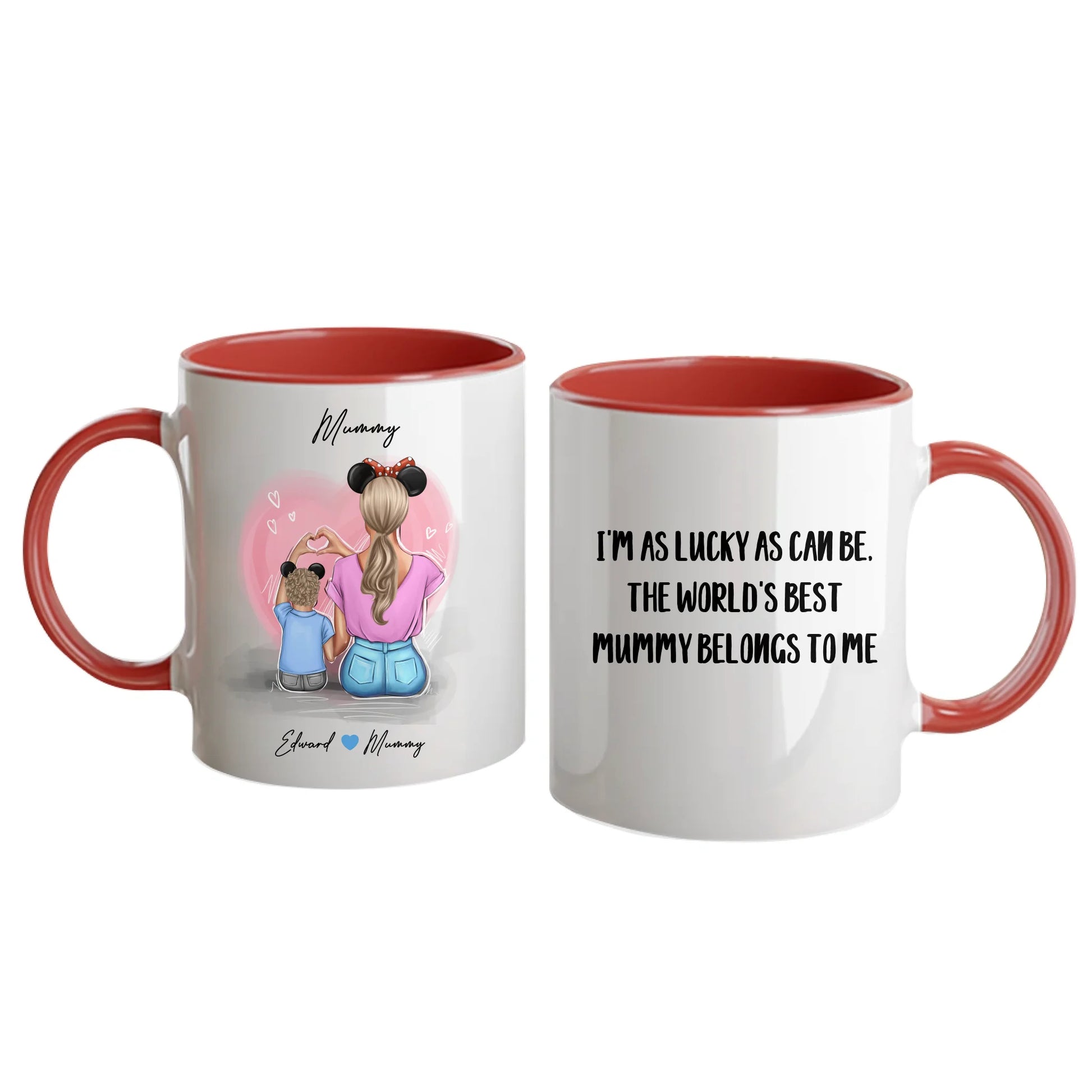 Personalised white mug featuring customisable clipart of a mother and son, choice of mum-related title, heartfelt quotes, and names. Red handle and interior.