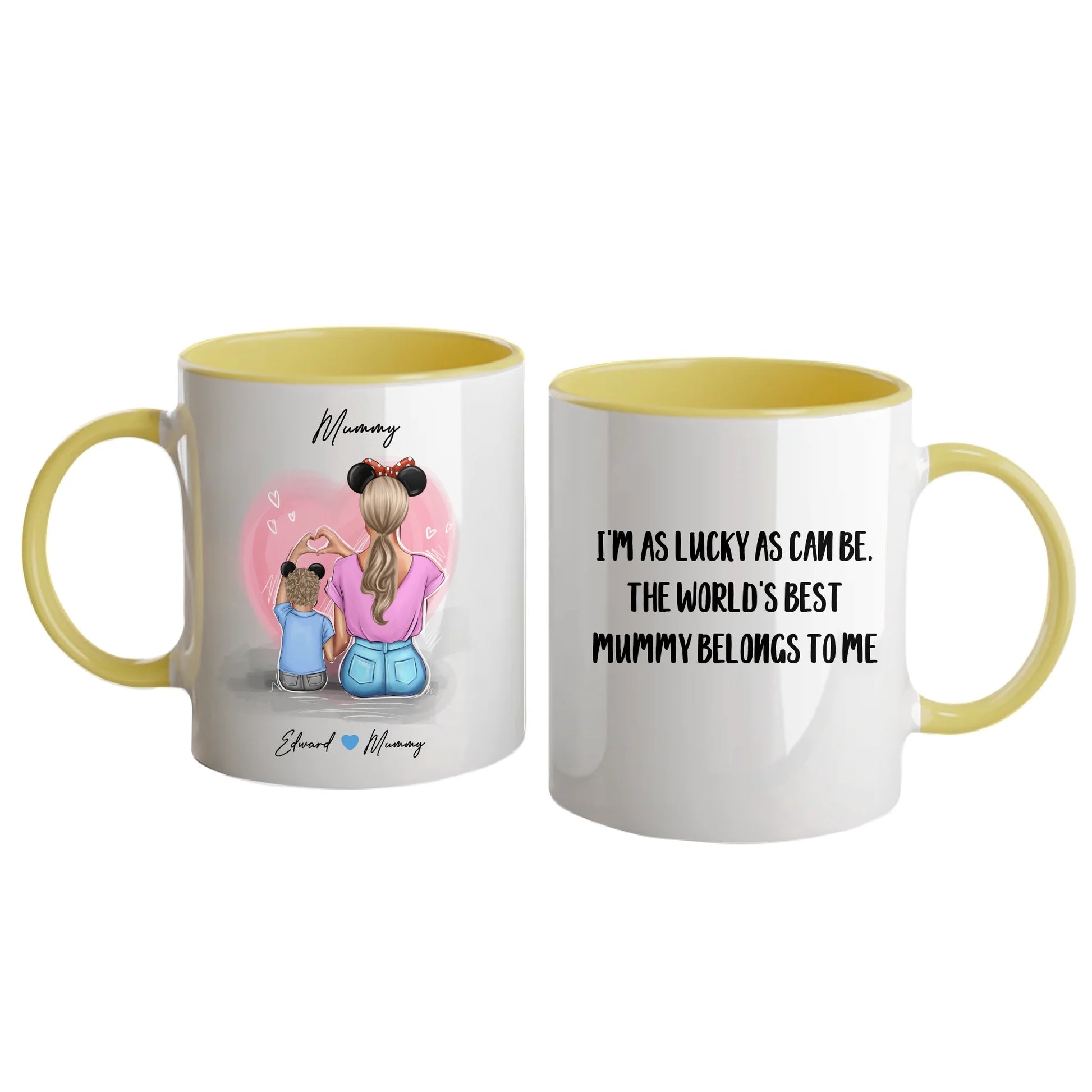 Personalised white mug featuring customisable clipart of a mother and son, choice of mum-related title, heartfelt quotes, and names. Yellow handle and interior.