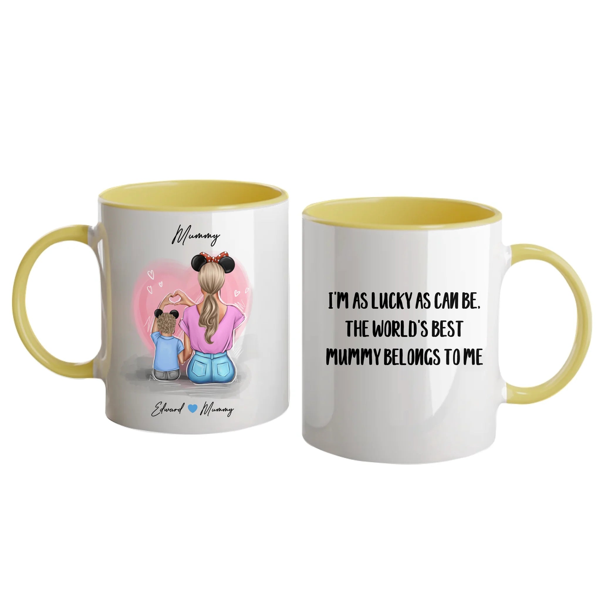 Personalised white mug featuring customisable clipart of a mother and son, choice of mum-related title, heartfelt quotes, and names. Yellow handle and interior.