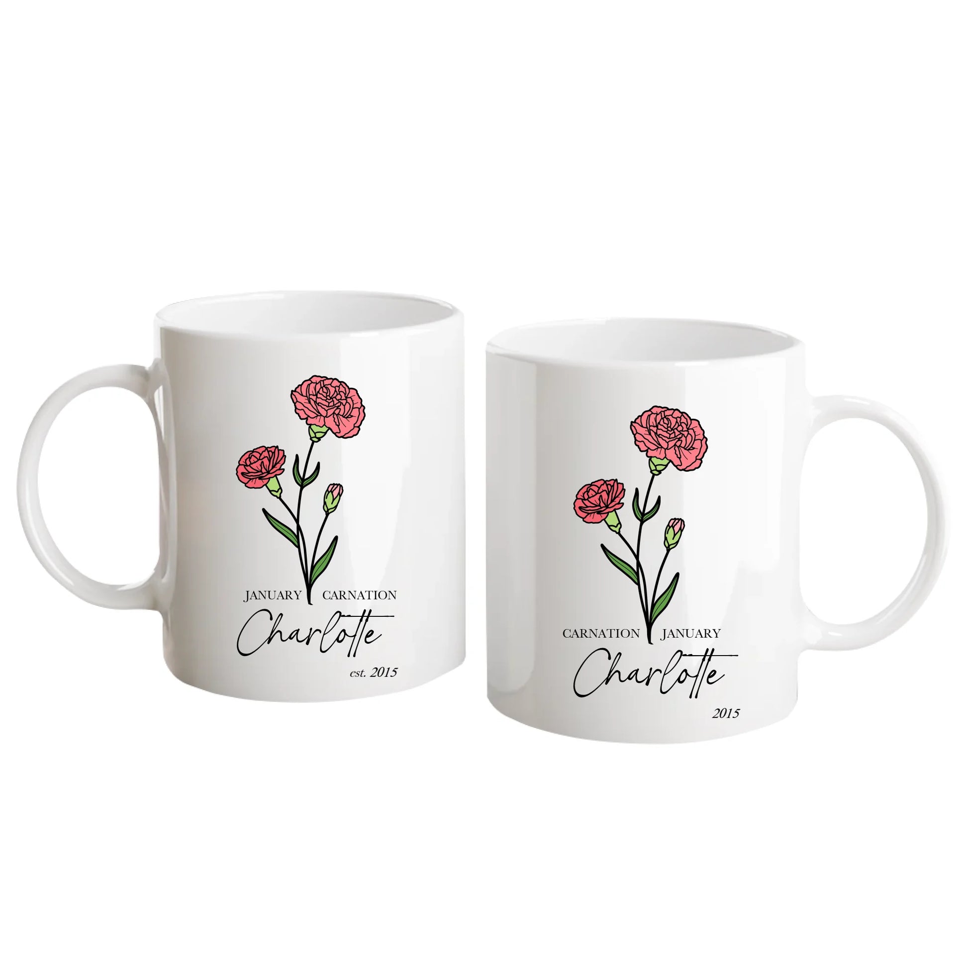 Personalised white mug featuring a choice of two birth flowers for each month with the corresponding flower name. Customisable with a name, birth month and year. White handle and interior.