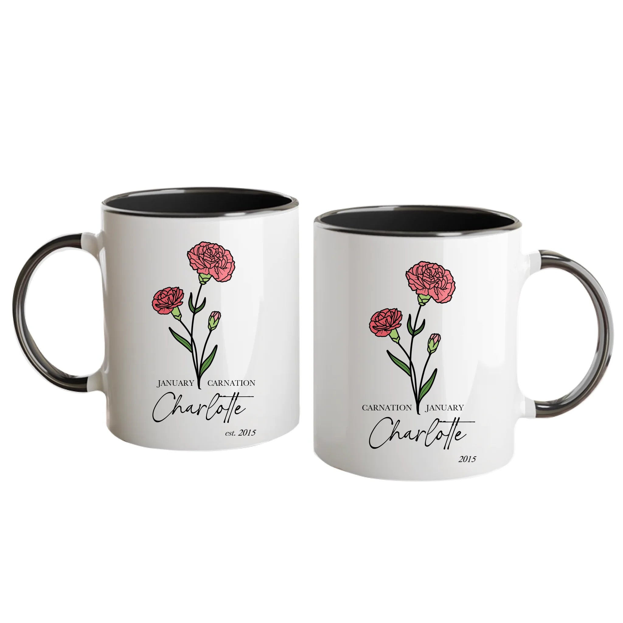 Personalised white mug featuring a choice of two birth flowers for each month with the corresponding flower name. Customisable with a name, birth month and year. Black handle and interior.