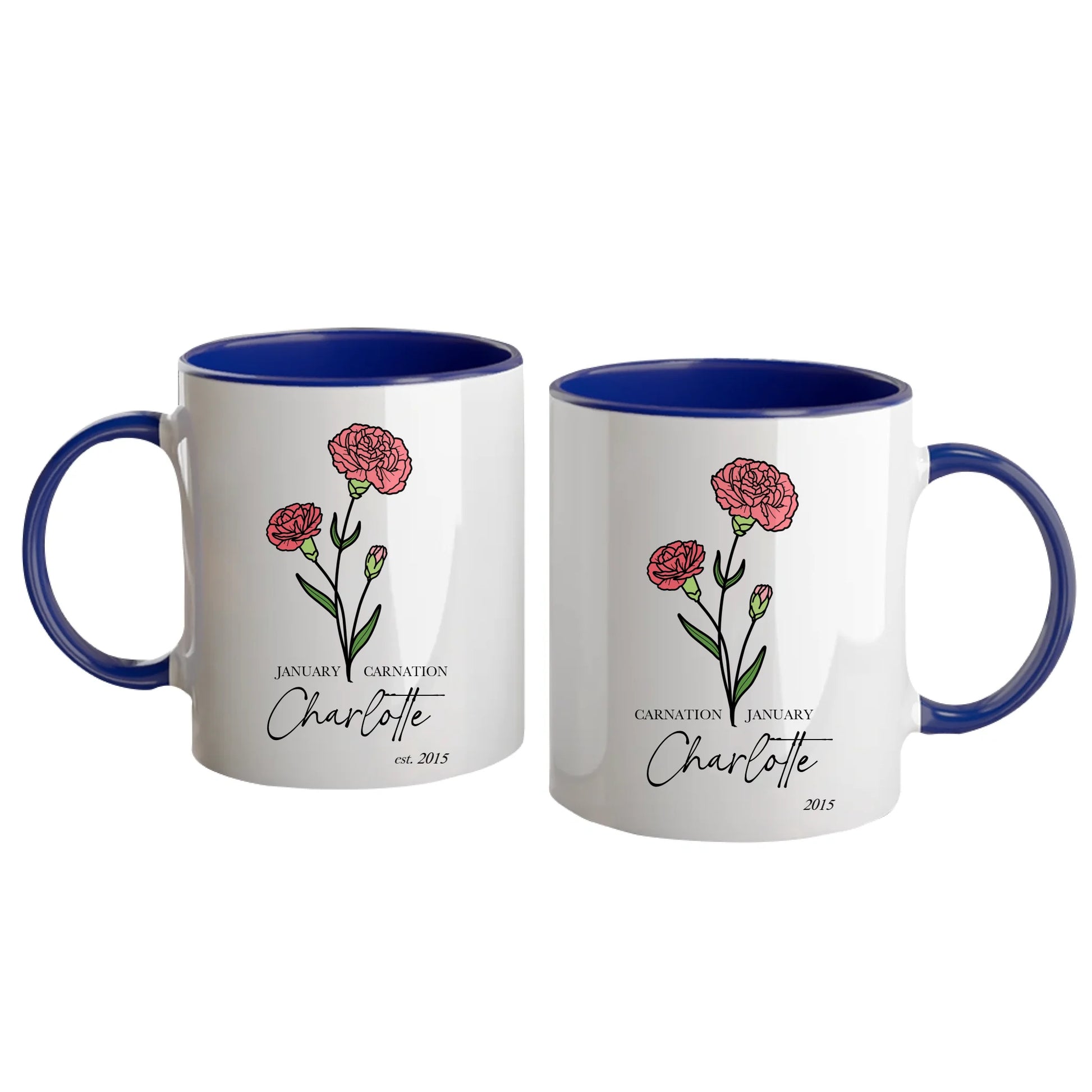 Personalised white mug featuring a choice of two birth flowers for each month with the corresponding flower name. Customisable with a name, birth month and year. Blue handle and interior.