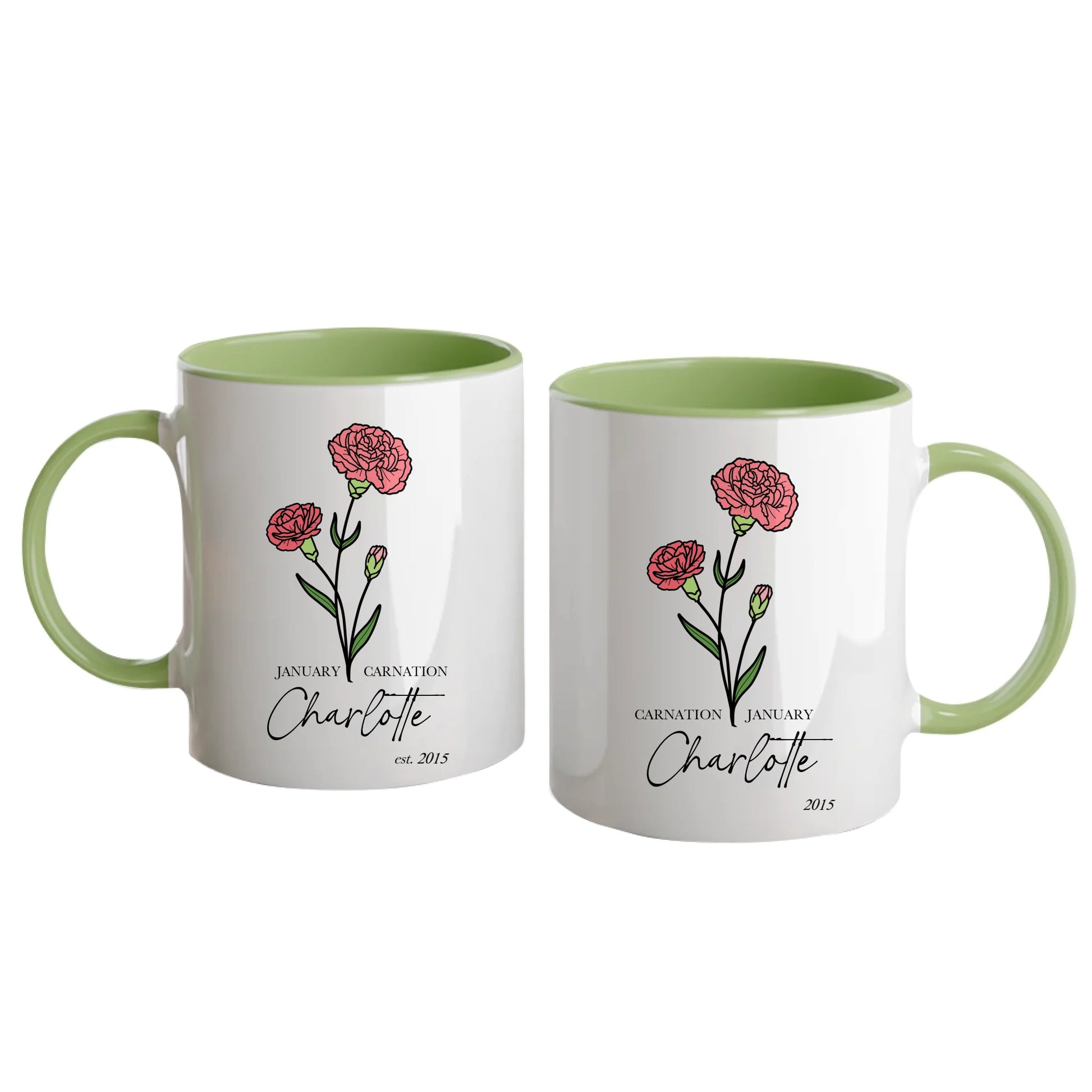 Personalised white mug featuring a choice of two birth flowers for each month with the corresponding flower name. Customisable with a name, birth month and year. Green handle and interior.