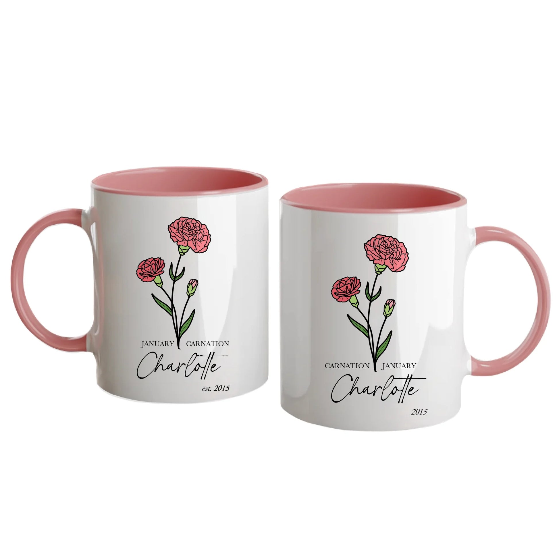 Personalised white mug featuring a choice of two birth flowers for each month with the corresponding flower name. Customisable with a name, birth month and year. Pink handle and interior.