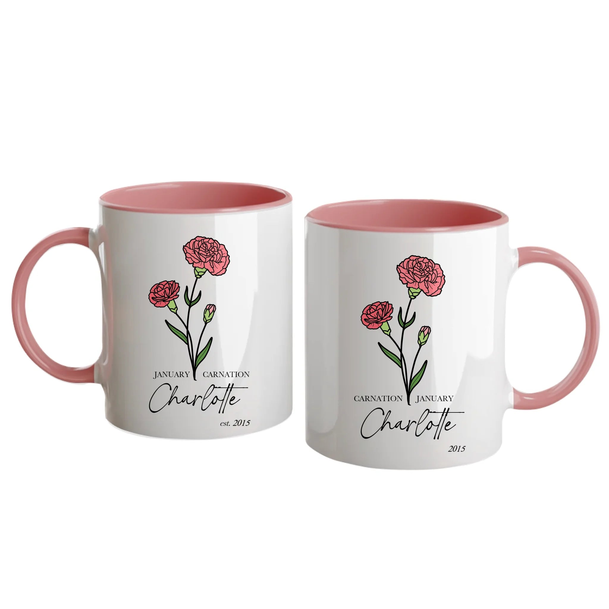 Personalised white mug featuring a choice of two birth flowers for each month with the corresponding flower name. Customisable with a name, birth month and year. Pink handle and interior.