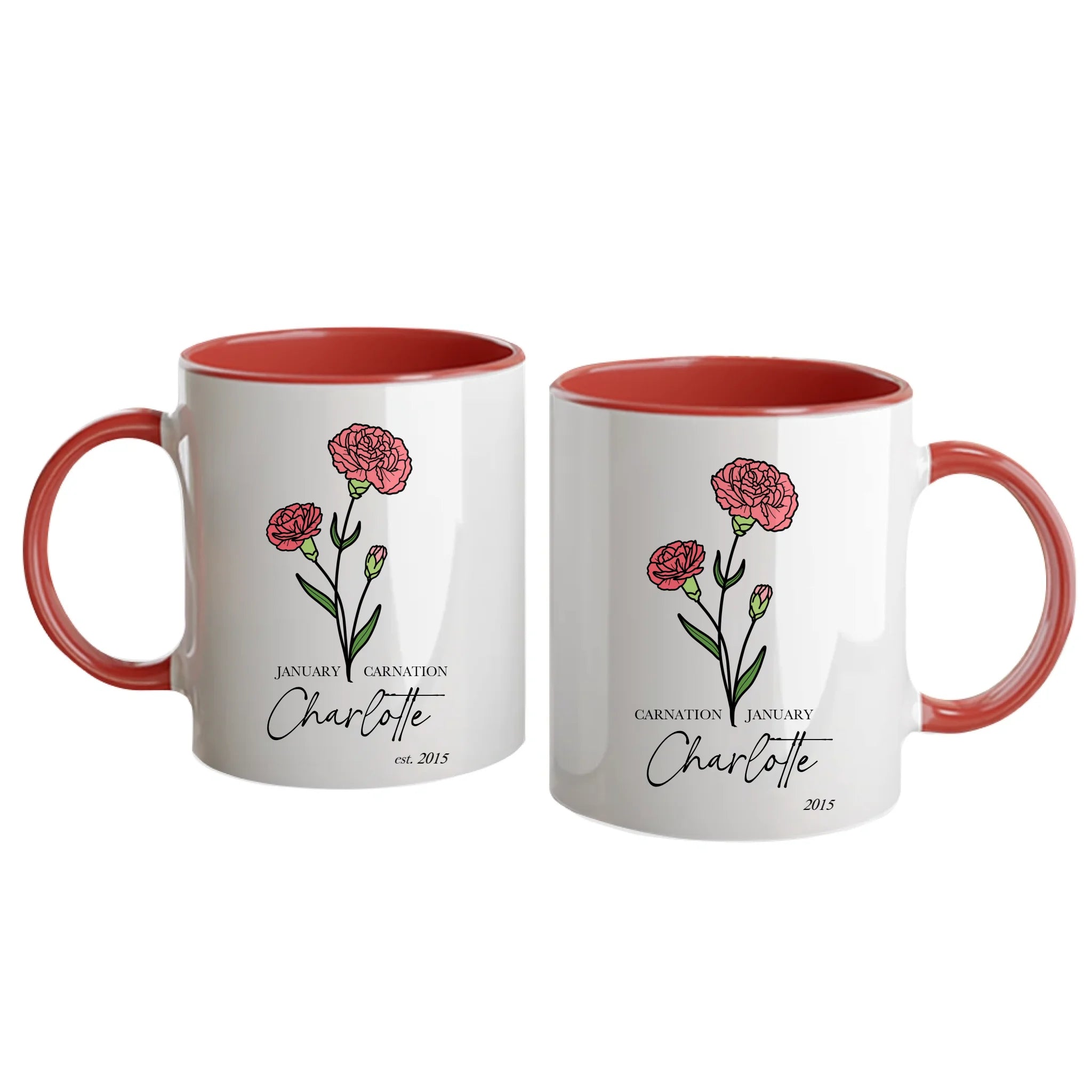 Personalised white mug featuring a choice of two birth flowers for each month with the corresponding flower name. Customisable with a name, birth month and year. Red handle and interior.