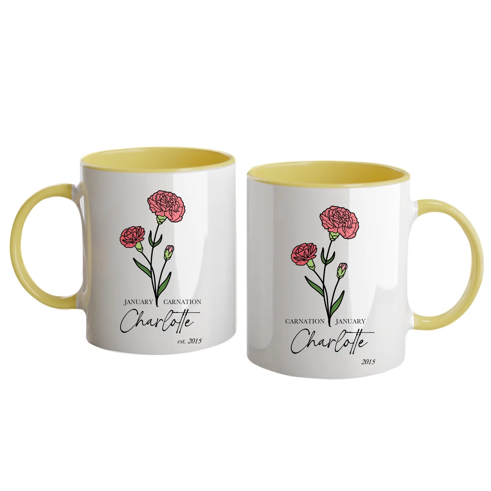 Personalised white mug featuring a choice of two birth flowers for each month with the corresponding flower name. Customisable with a name, birth month and year. Yellow handle and interior.
