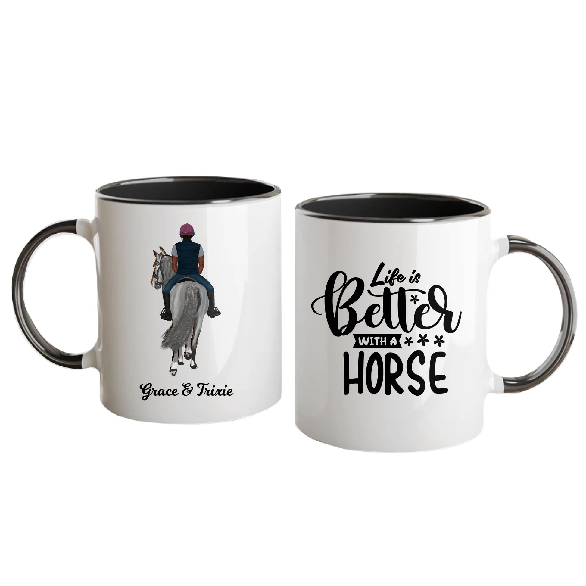 Personalised white mug featuring the quote 'Life is Better with a Horse' and fully customisable horse and rider clipart with names. Design can include one or two riders. Black handle and interior.