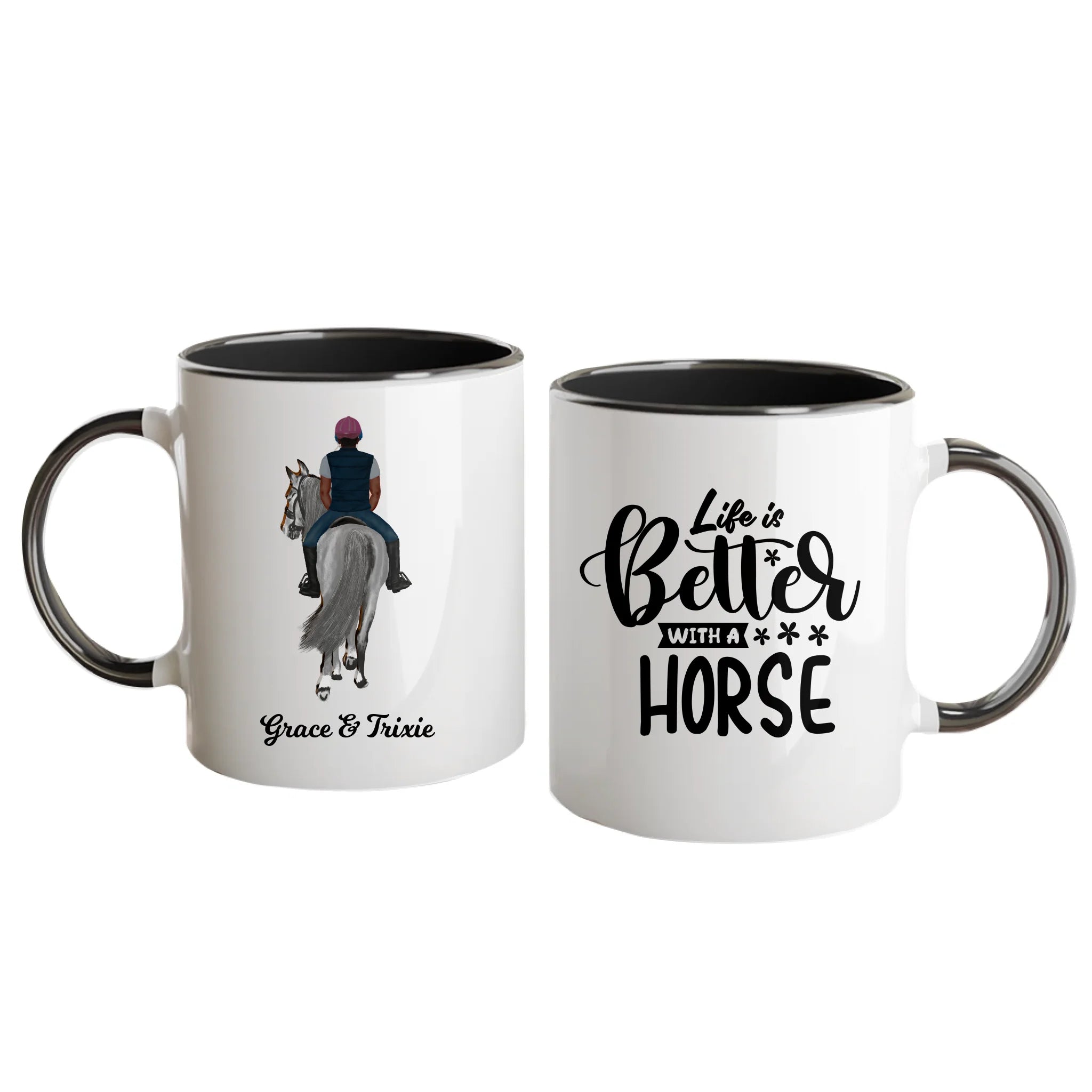 Personalised white mug featuring the quote 'Life is Better with a Horse' and fully customisable horse and rider clipart with names. Design can include one or two riders. Black handle and interior.
