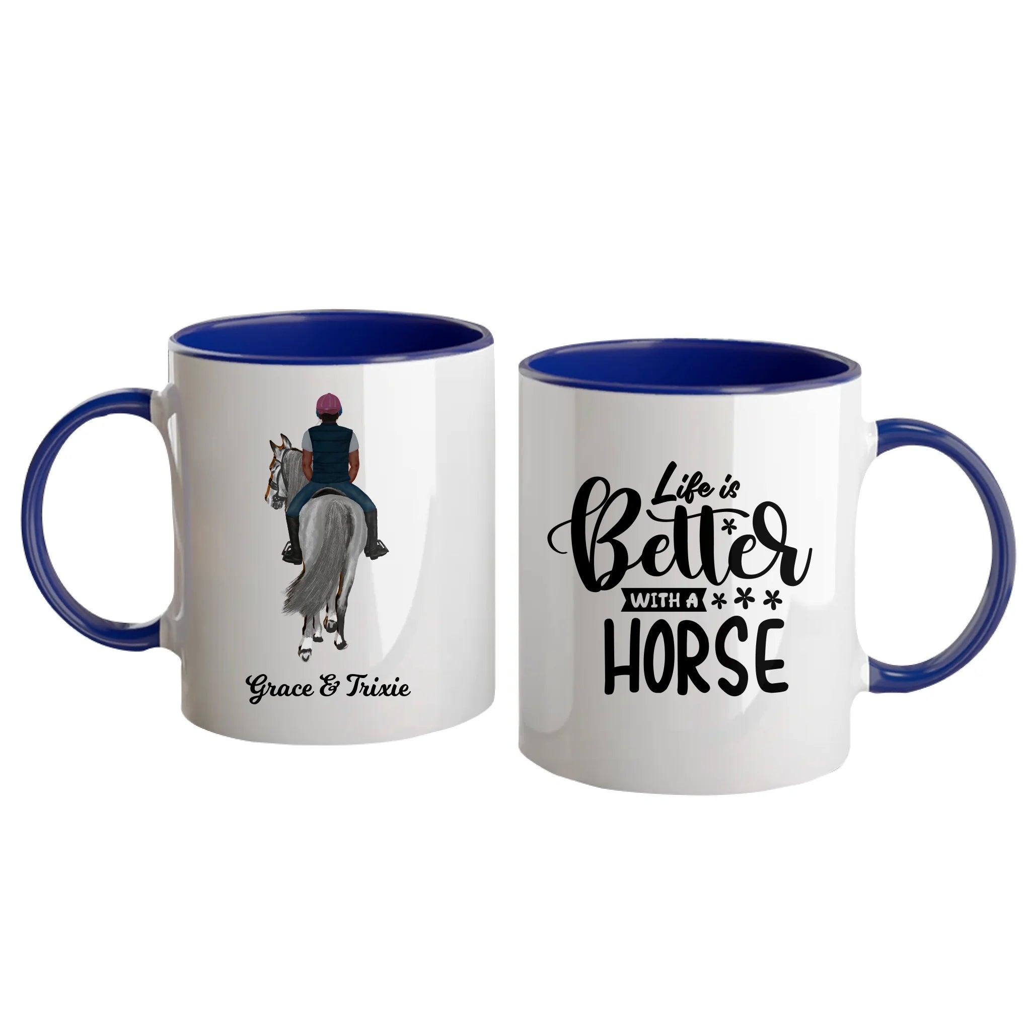 Personalised white mug featuring the quote 'Life is Better with a Horse' and fully customisable horse and rider clipart with names. Design can include one or two riders. Blue handle and interior.