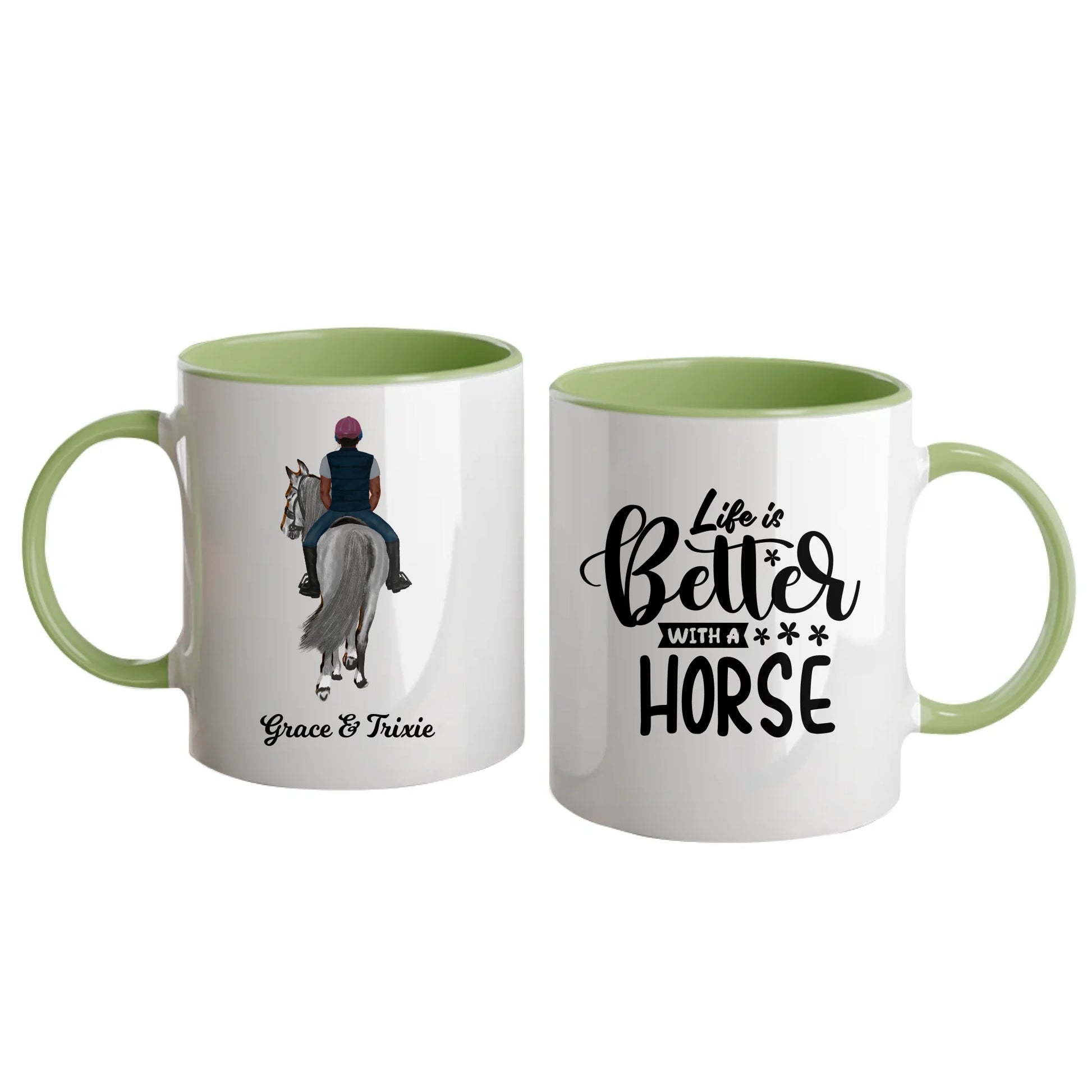 Personalised white mug featuring the quote 'Life is Better with a Horse' and fully customisable horse and rider clipart with names. Design can include one or two riders. Green handle and interior.