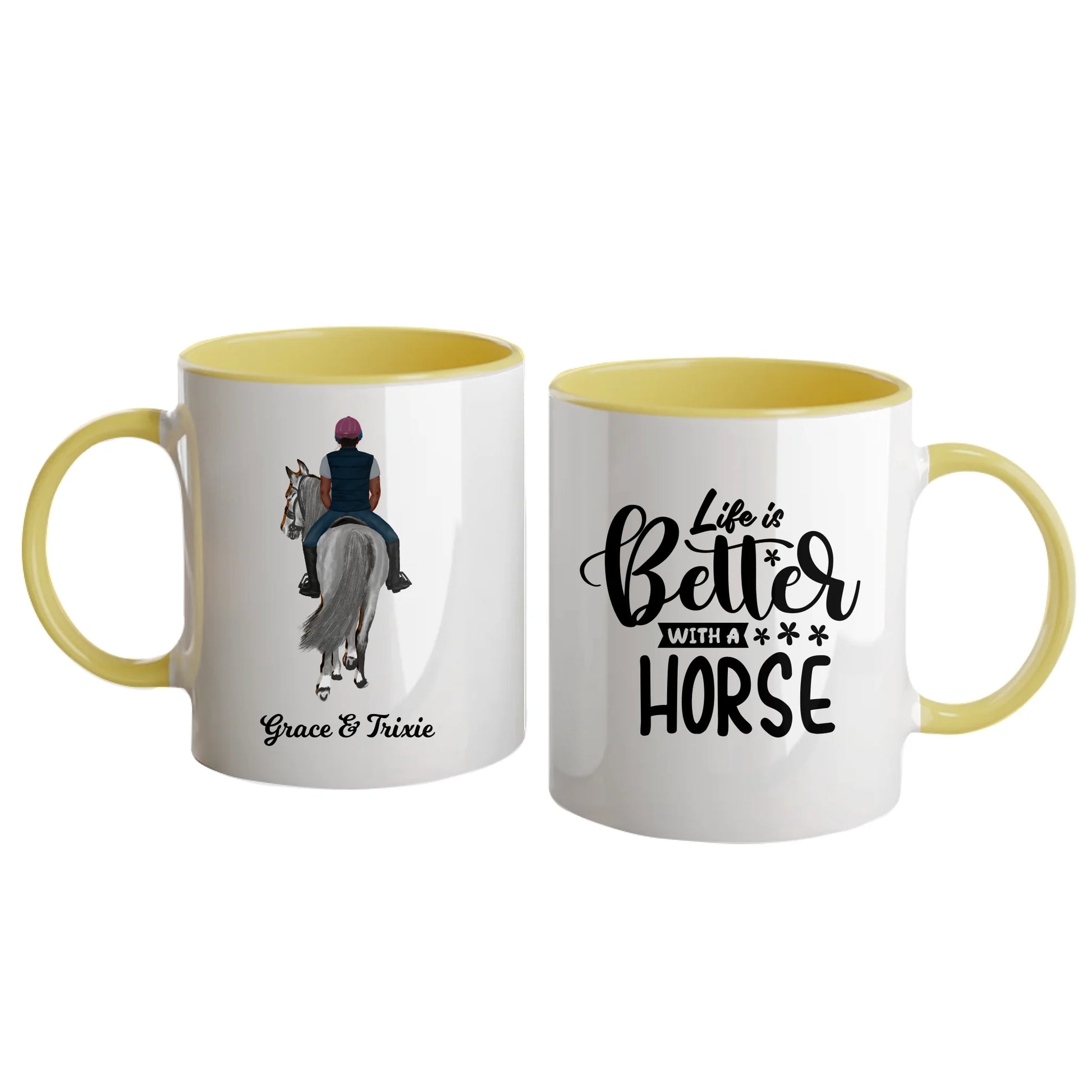 Personalised white mug featuring the quote 'Life is Better with a Horse' and fully customisable horse and rider clipart with names. Design can include one or two riders. Yellow handle and interior.