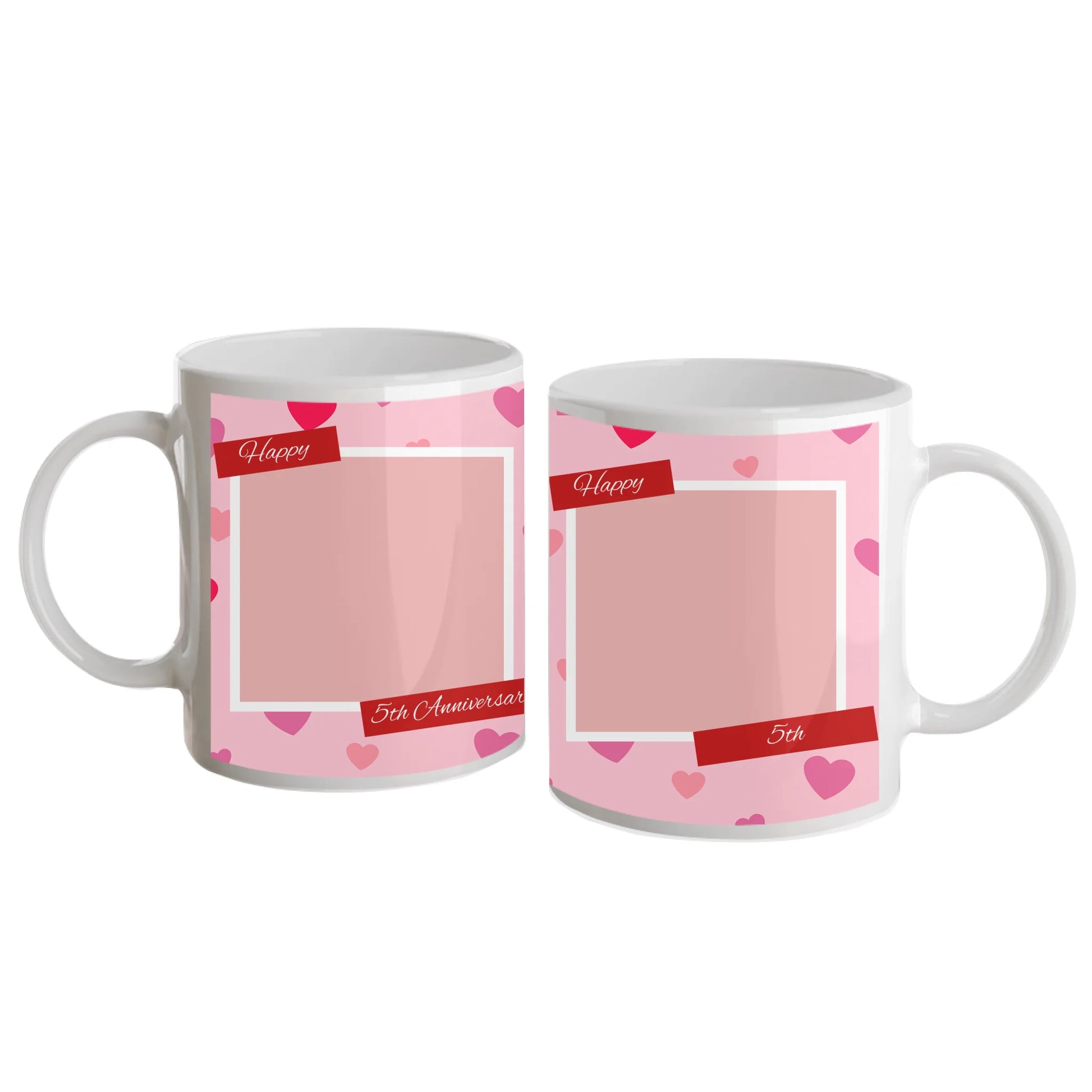 Personalised Happy Anniversary mug with a pink heart-patterned wrap design. Features two custom photo upload areas and an editable anniversary number. White handle and interior.