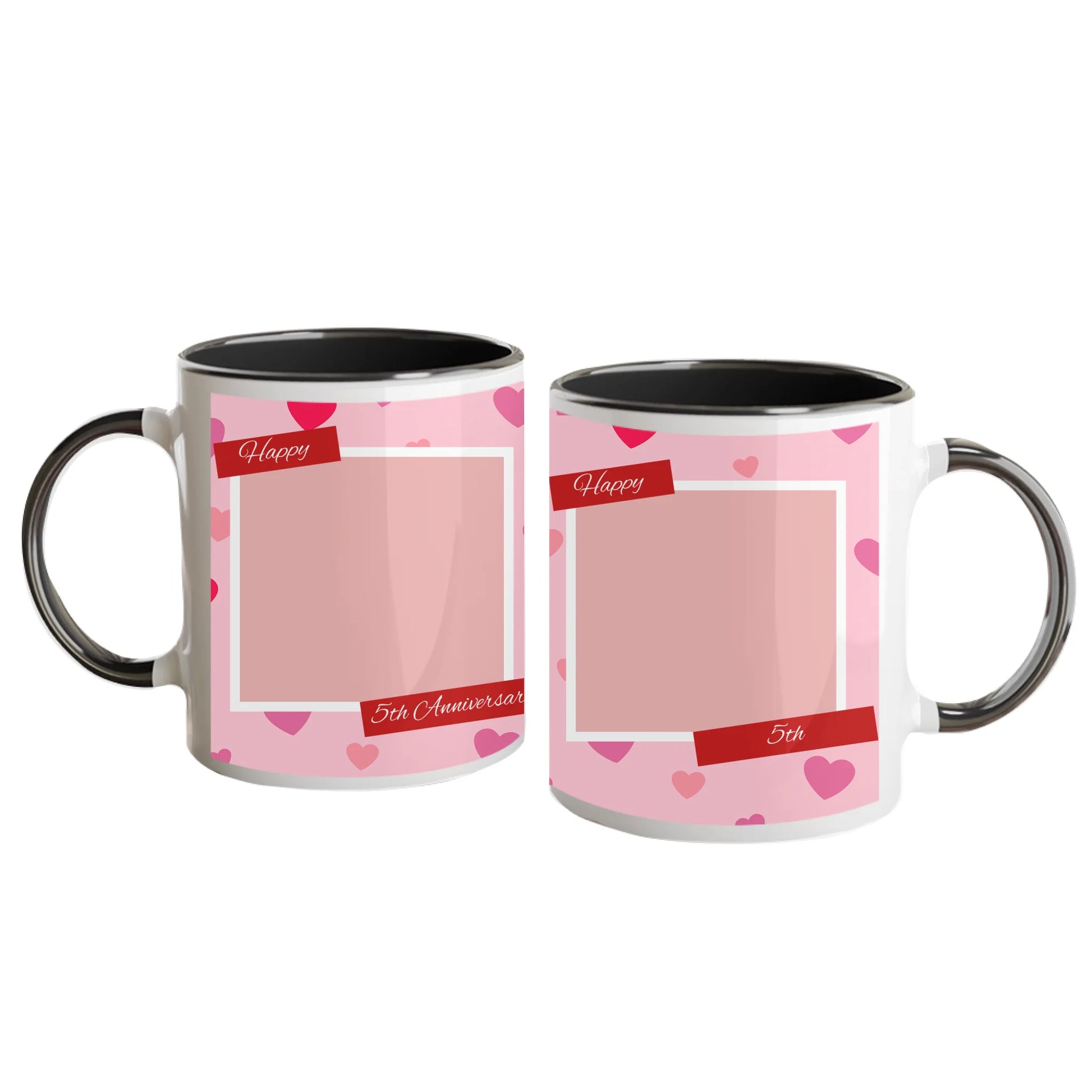 Personalised Happy Anniversary mug with a pink heart-patterned wrap design. Features two custom photo upload areas and an editable anniversary number. Black handle and interior.