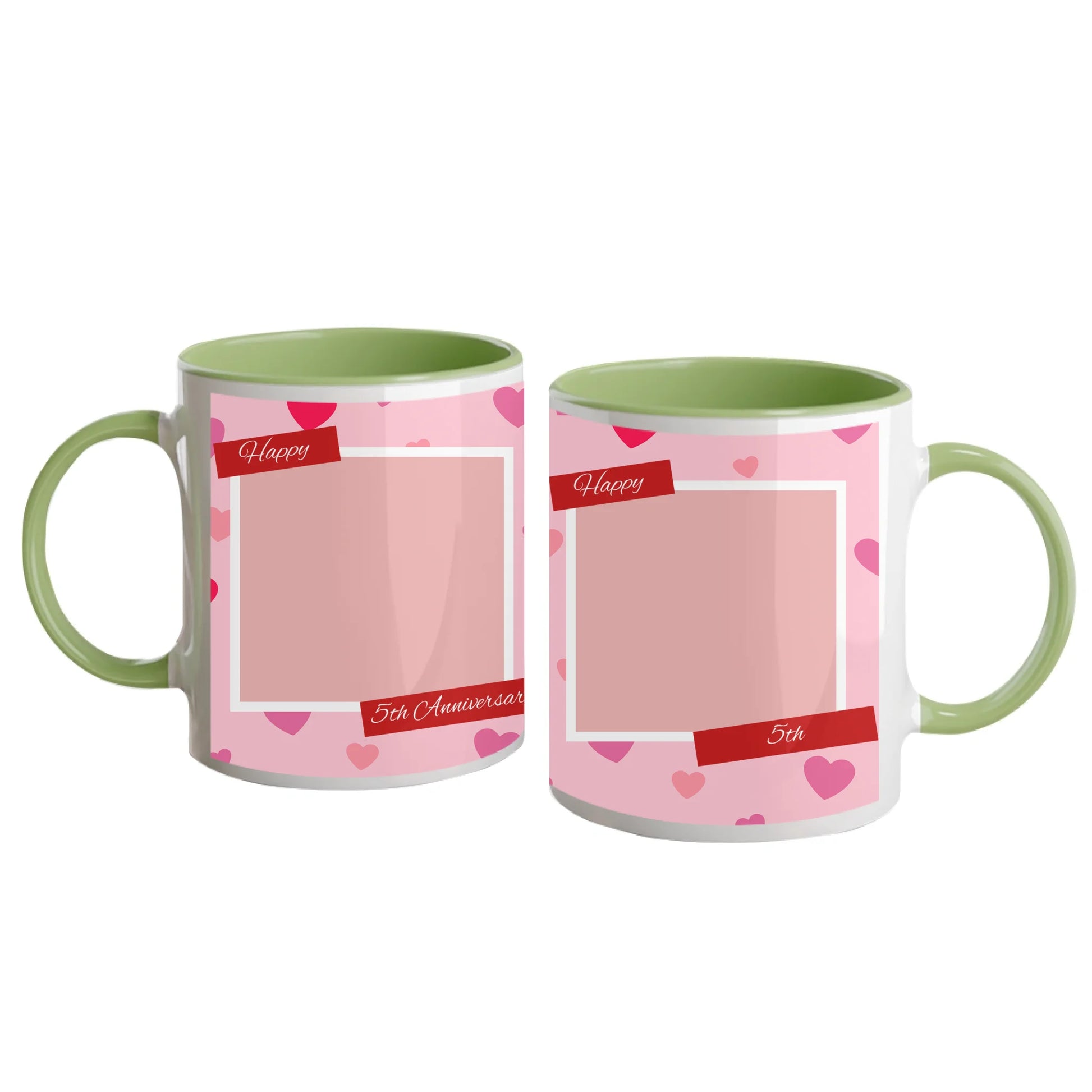 Personalised Happy Anniversary mug with a pink heart-patterned wrap design. Features two custom photo upload areas and an editable anniversary number. Green handle and interior.