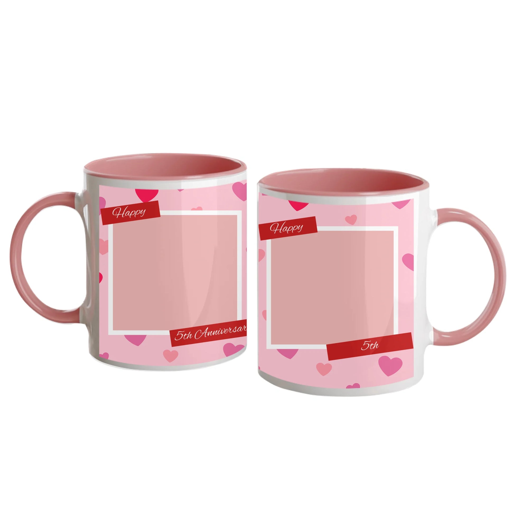 Personalised Happy Anniversary mug with a pink heart-patterned wrap design. Features two custom photo upload areas and an editable anniversary number. Pink handle and interior.