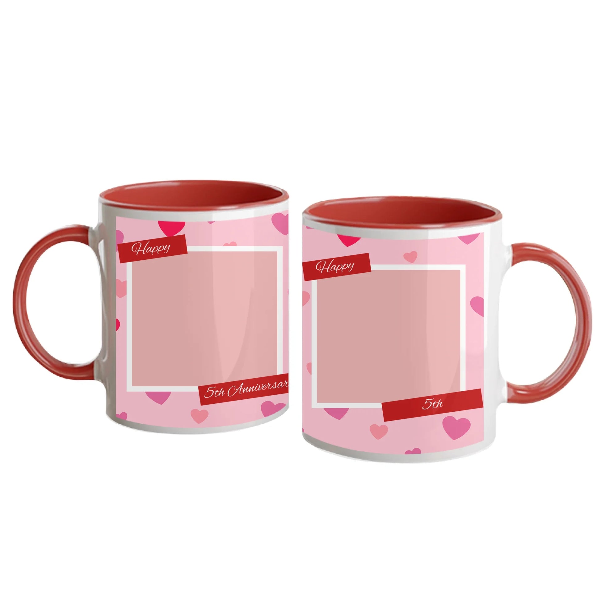 Personalised Happy Anniversary mug with a pink heart-patterned wrap design. Features two custom photo upload areas and an editable anniversary number. Red handle and interior.