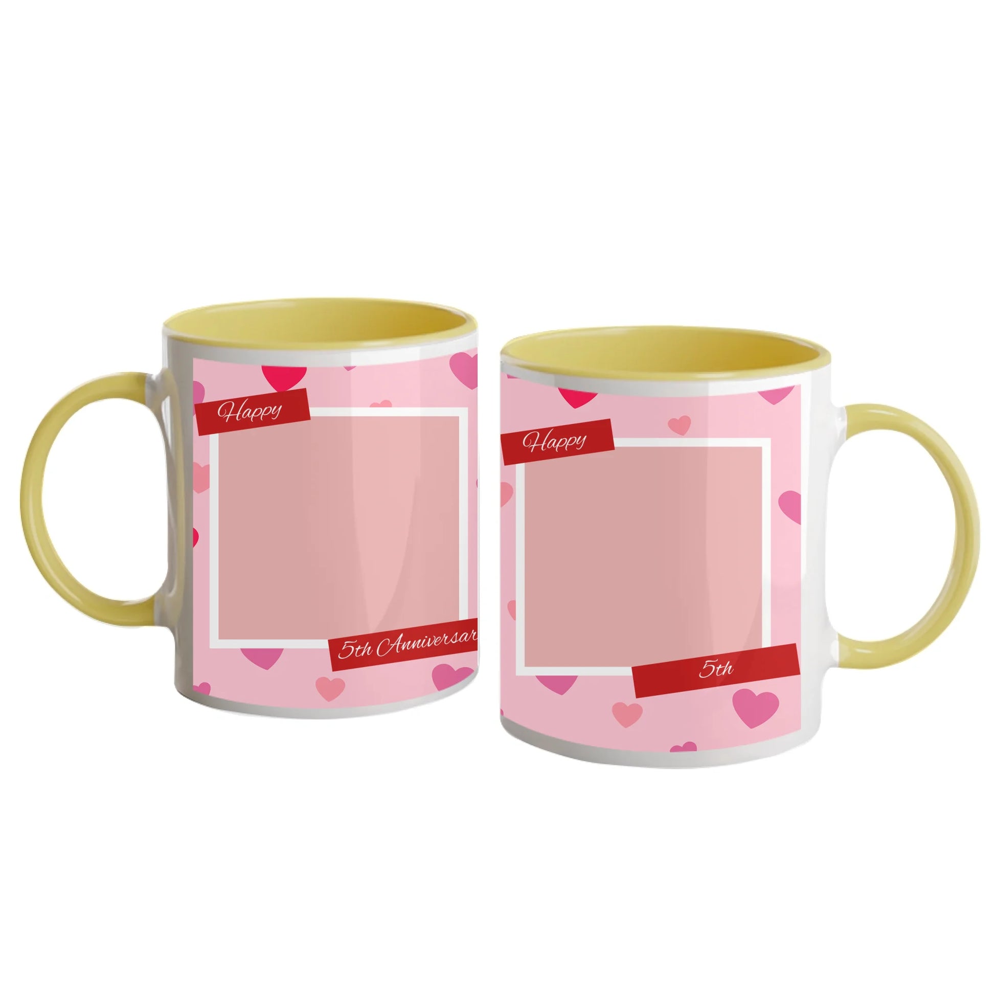 Personalised Happy Anniversary mug with a pink heart-patterned wrap design. Features two custom photo upload areas and an editable anniversary number. Yellow handle and interior.