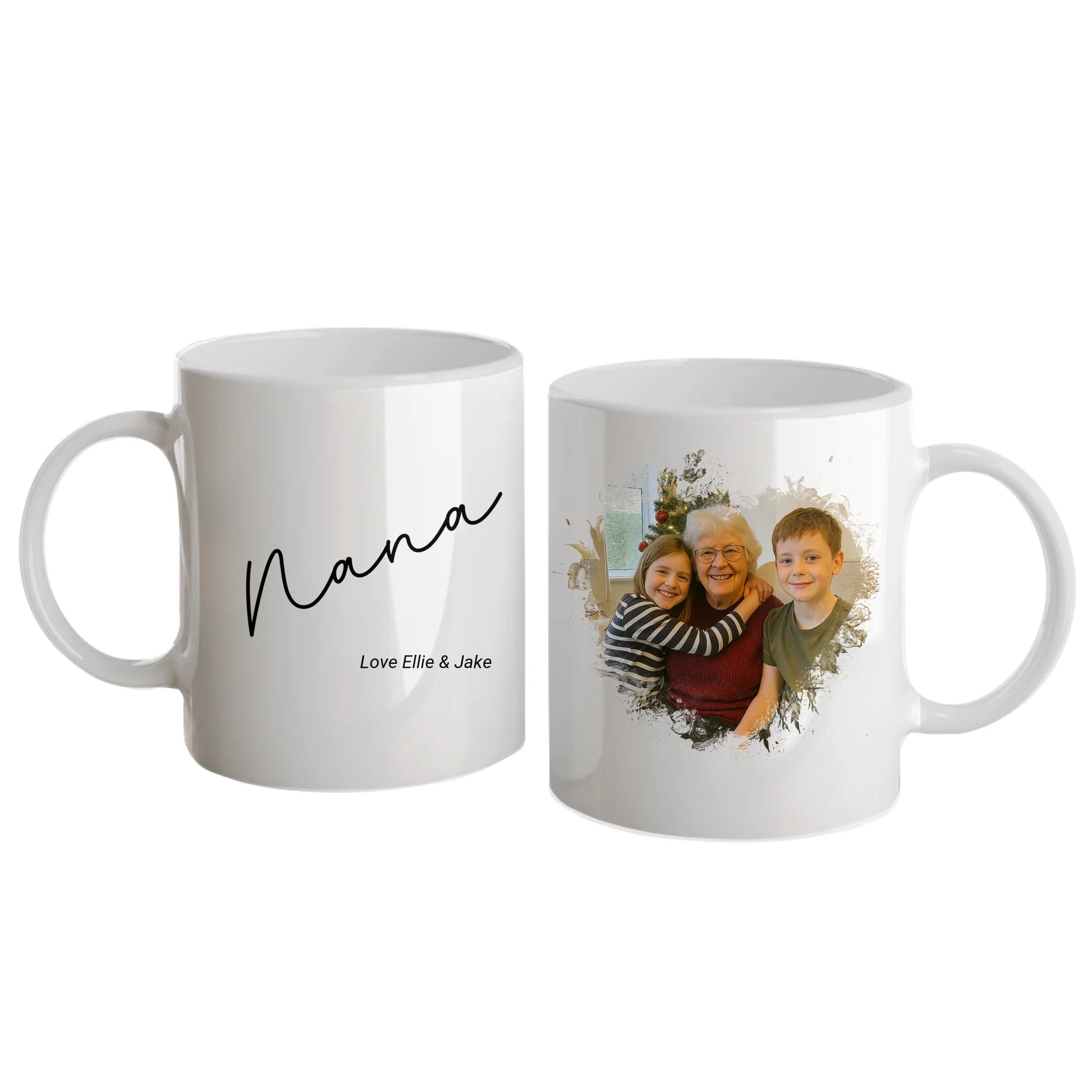 Personalised white mug for grandma or nan, featuring a custom photo in a beautiful heart shape. Choice of gran-related names available. White handle and interior.