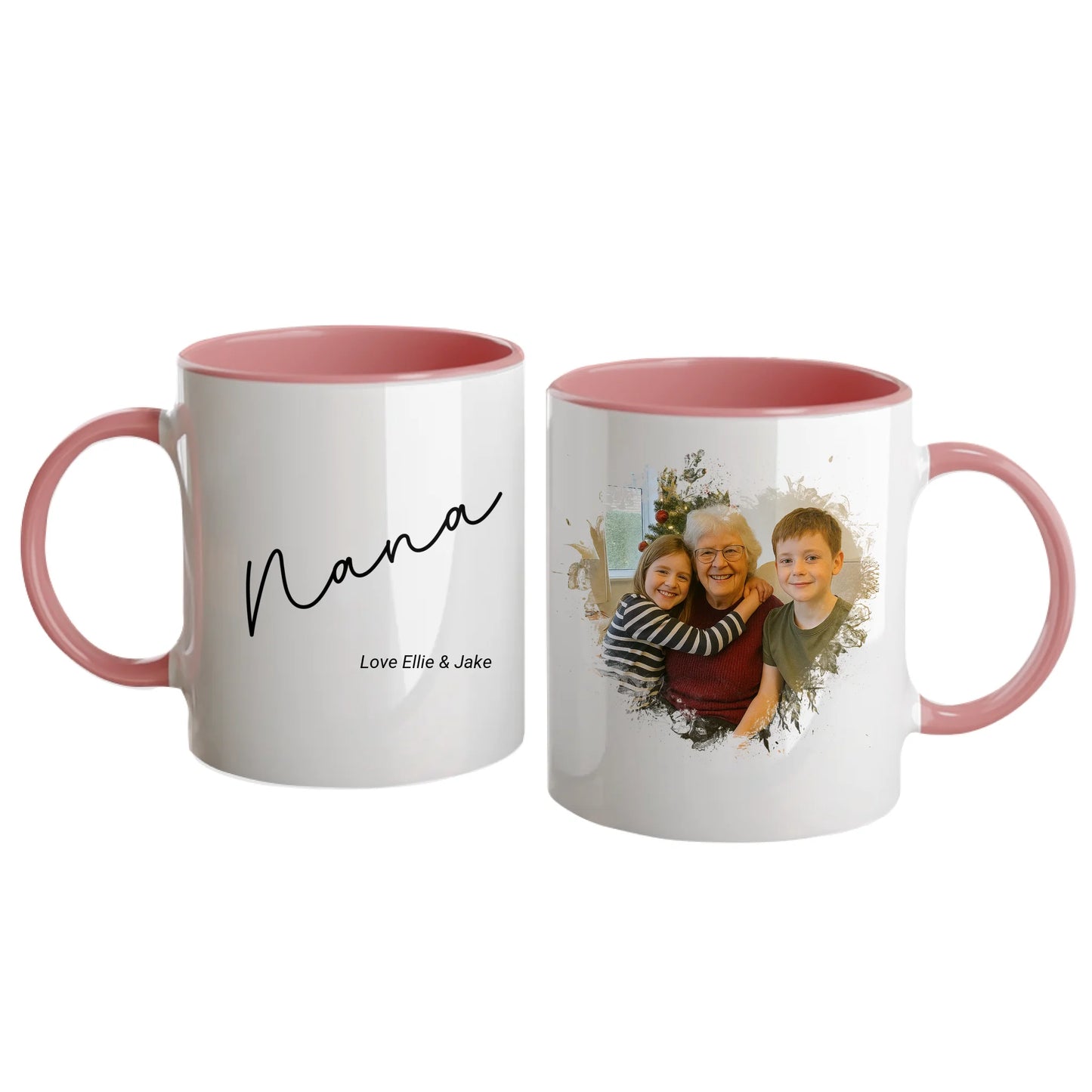 Personalised white mug for grandma or nan, featuring a custom photo in a beautiful heart shape. Choice of gran-related names available. Pink handle and interior.