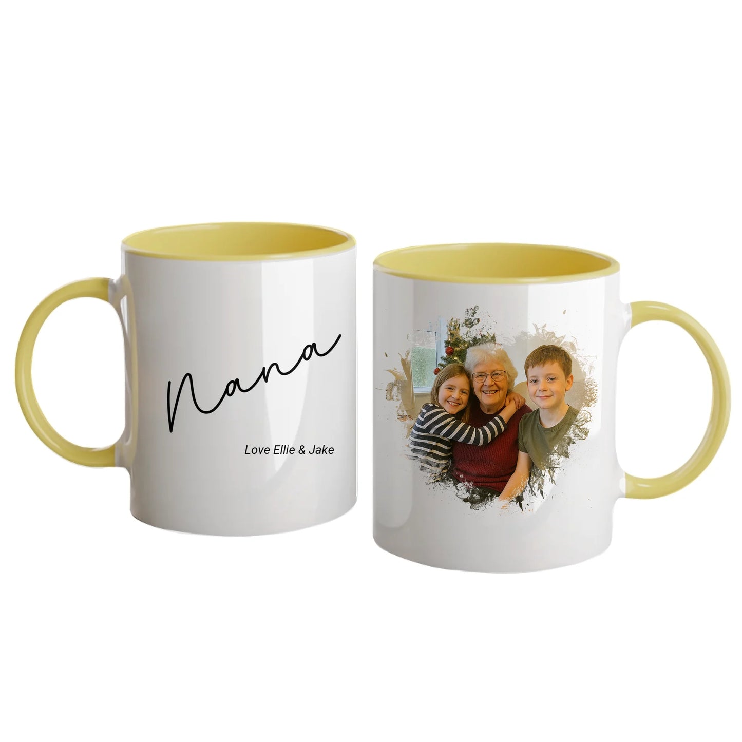 Personalised white mug for grandma or nan, featuring a custom photo in a beautiful heart shape. Choice of gran-related names available. Yellow handle and interior.