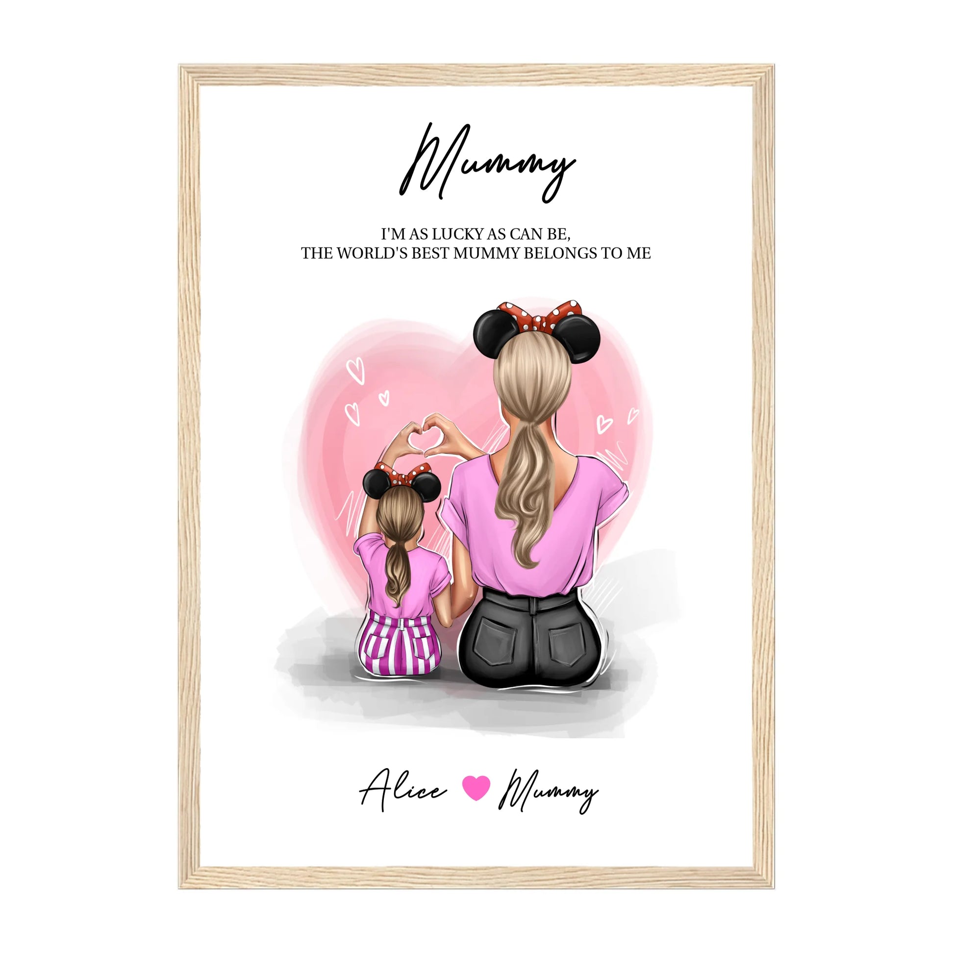 Framed print featuring customisable clipart of a mother and daughter, choice of mum-related titles, heartfelt quotes, and names. Natural wooden frame.
