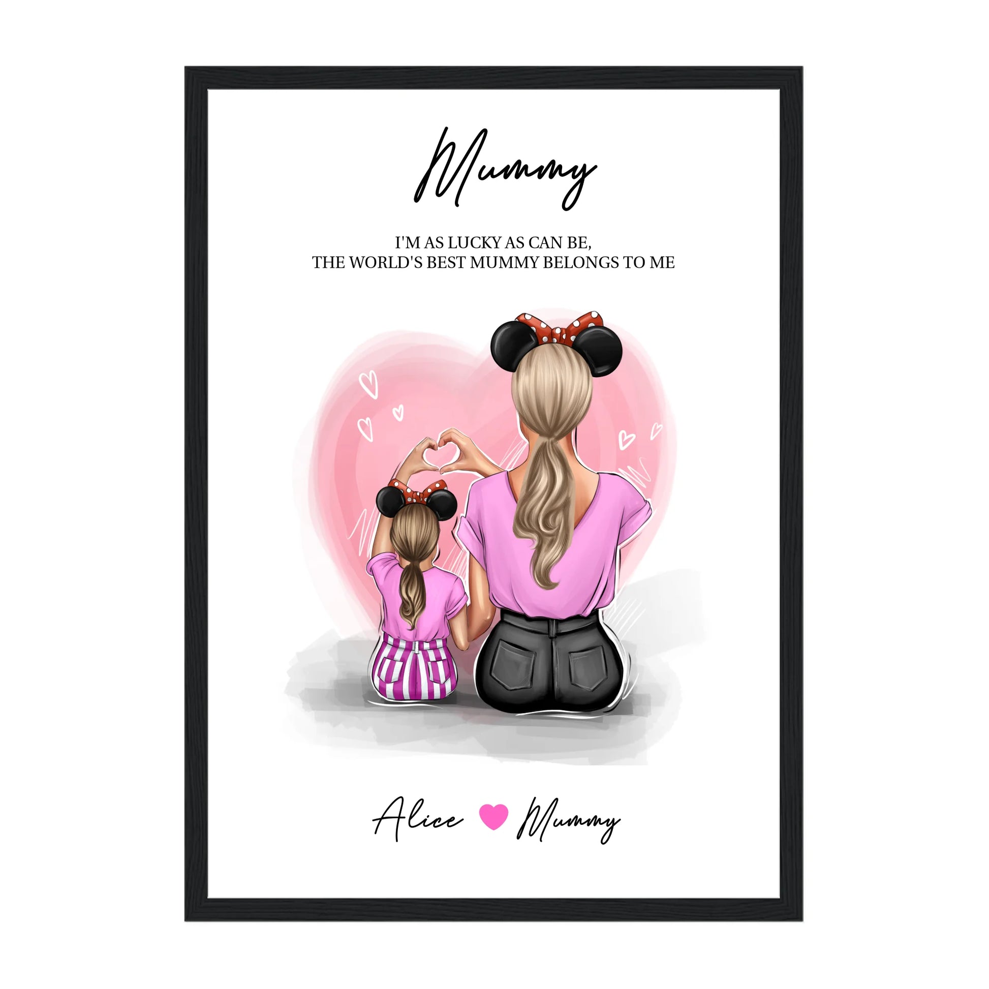 Framed print featuring customisable clipart of a mother and daughter, choice of mum-related titles, heartfelt quotes, and names. Black wooden frame.