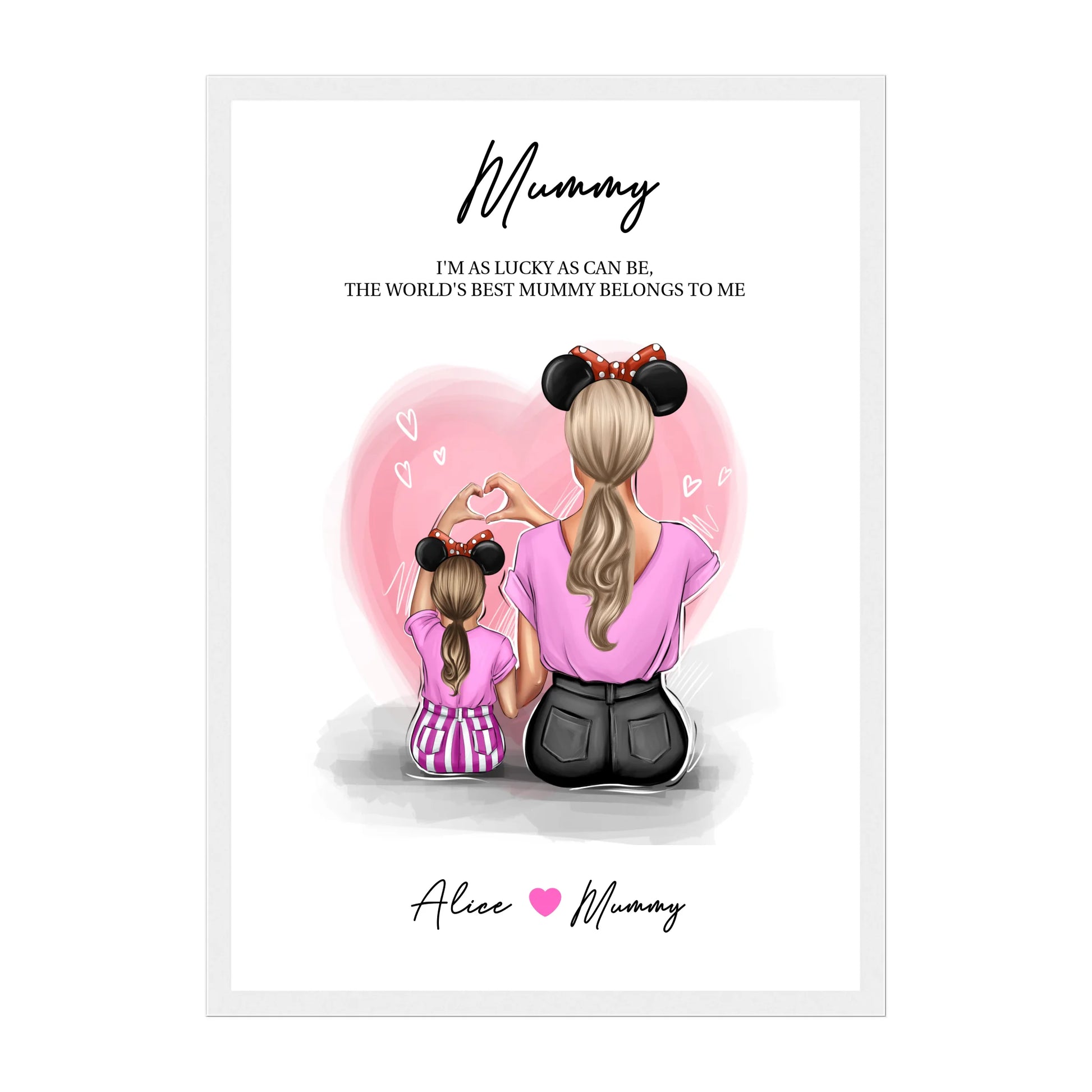 Framed print featuring customisable clipart of a mother and daughter, choice of mum-related titles, heartfelt quotes, and names. White wooden frame.