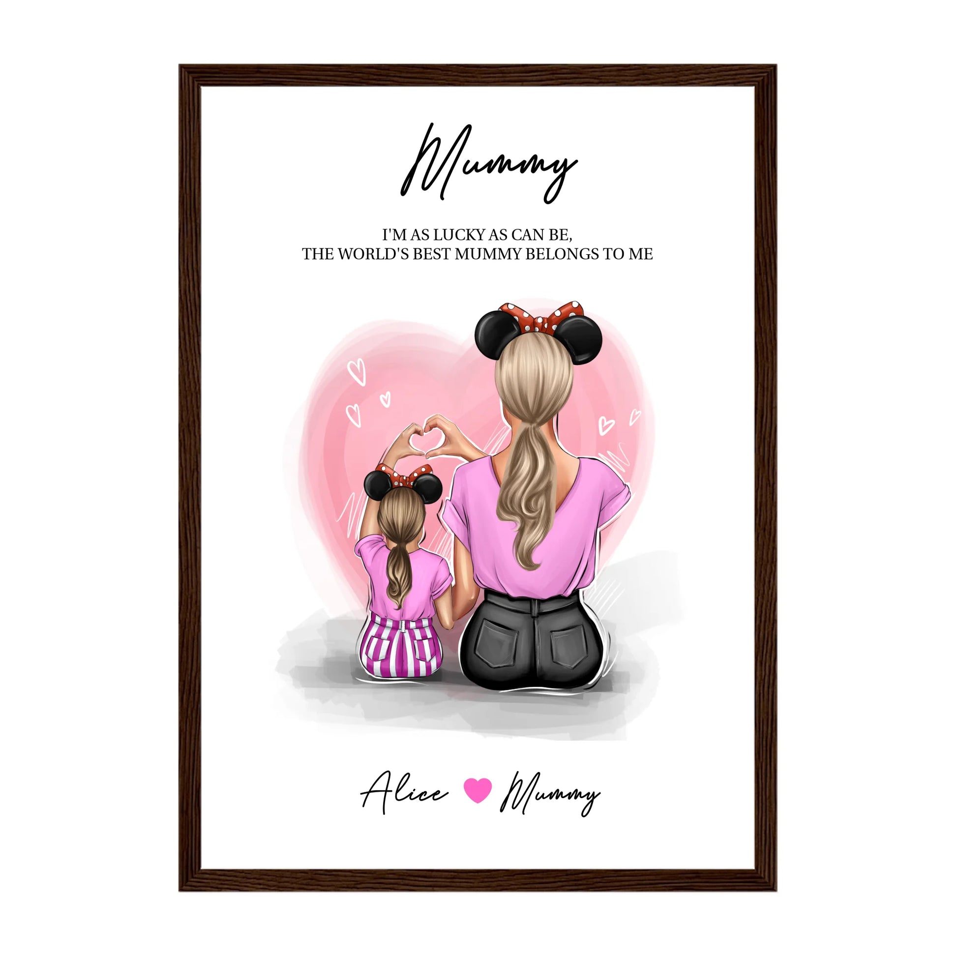 Framed print featuring customisable clipart of a mother and daughter, choice of mum-related titles, heartfelt quotes, and names. Dark brown wooden frame.