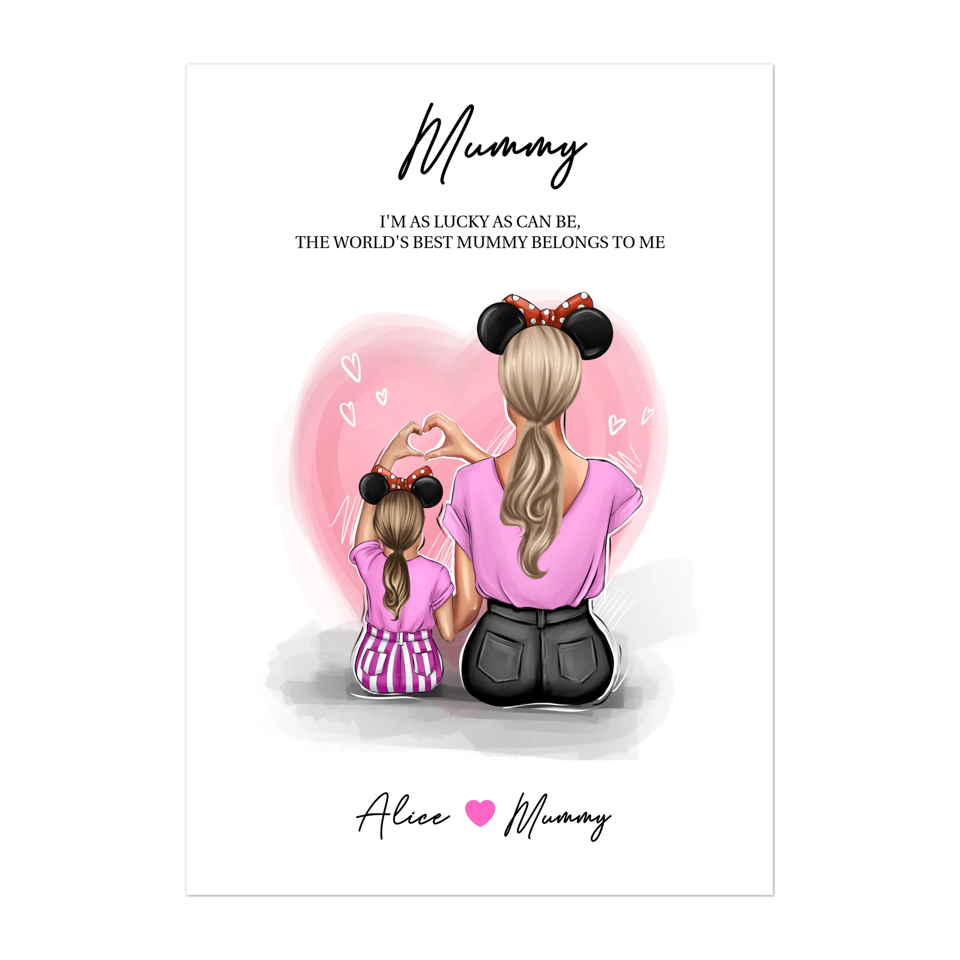 Digital print featuring customisable clipart of a mother and daughter, choice of mum-related titles, heartfelt quotes, and names. Instant download file.