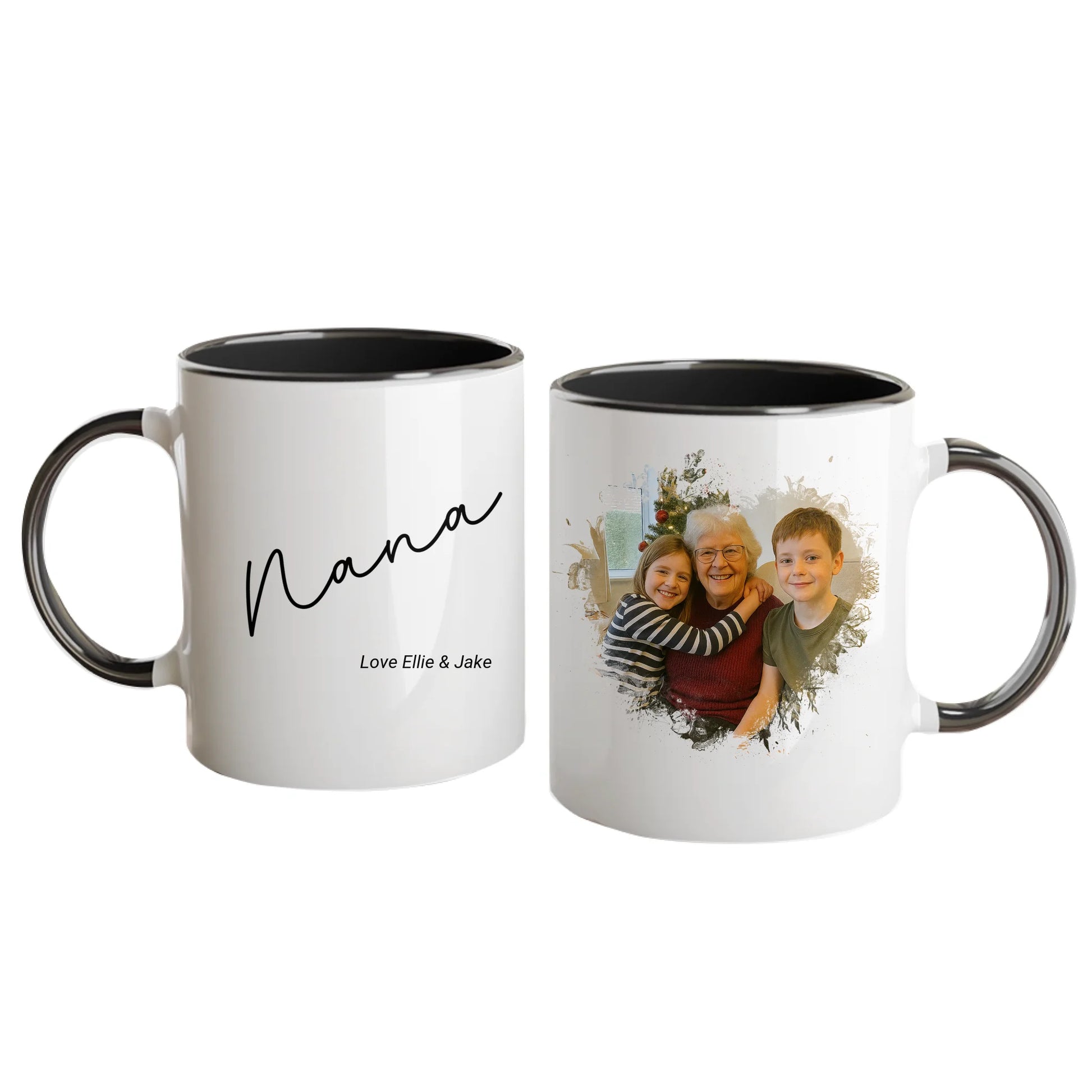 Personalised white mug for grandma or nan, featuring a custom photo in a beautiful heart shape. Choice of gran-related names available. Black handle and interior.