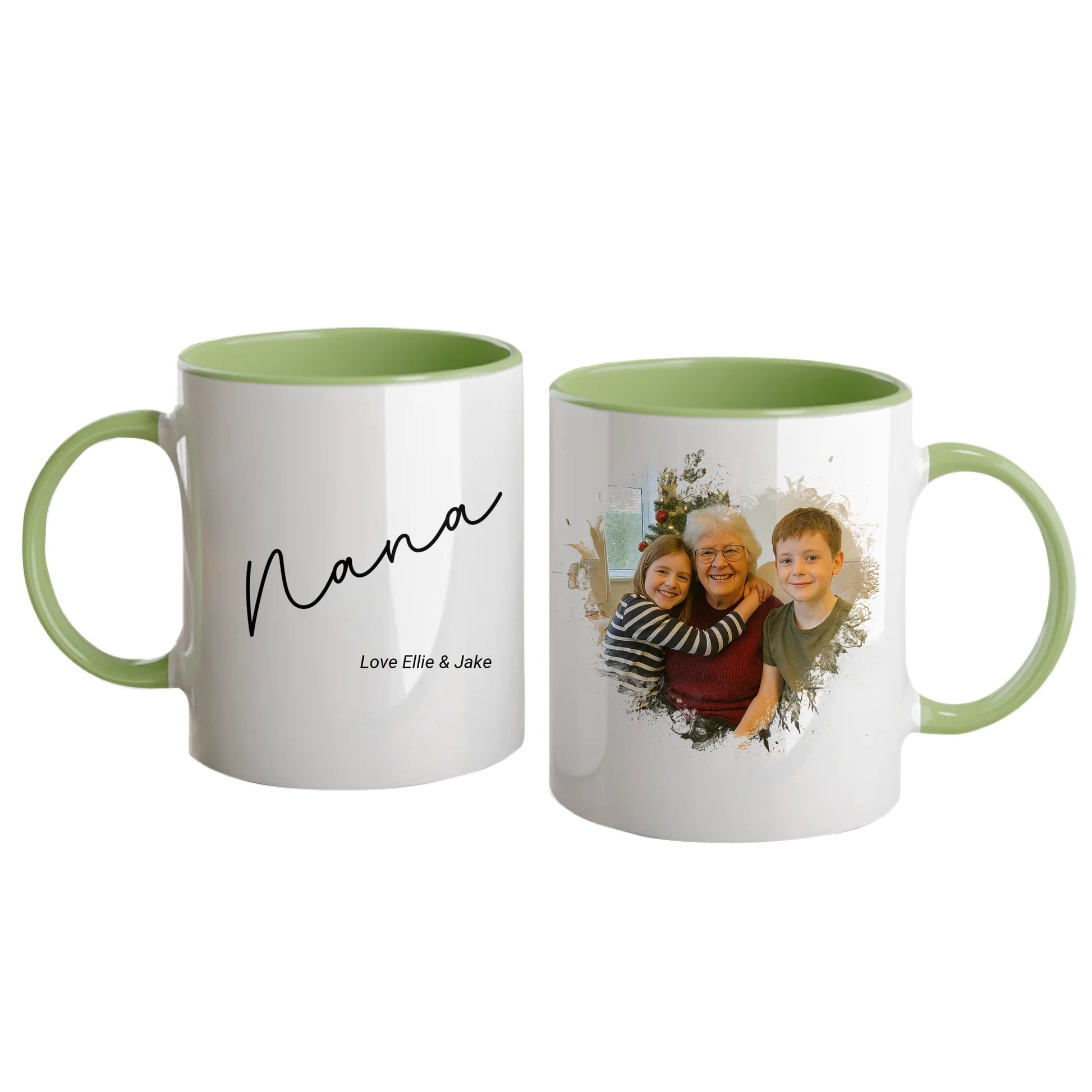 Personalised white mug for grandma or nan, featuring a custom photo in a beautiful heart shape. Choice of gran-related names available. Green handle and interior.