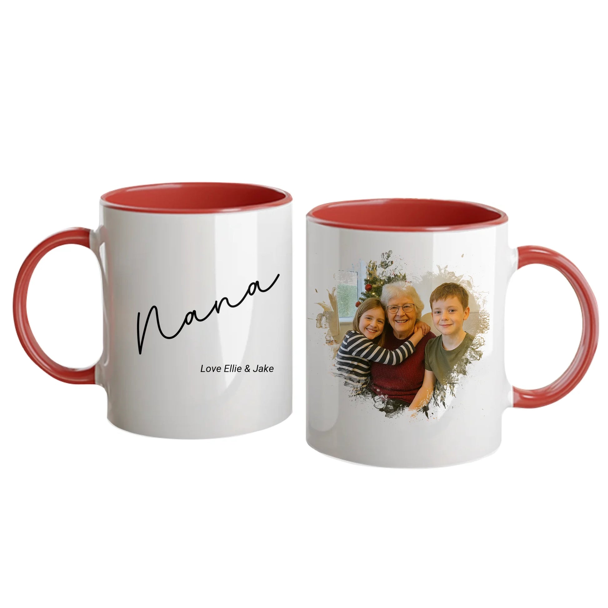 Personalised white mug for grandma or nan, featuring a custom photo in a beautiful heart shape. Choice of gran-related names available. Red handle and interior.