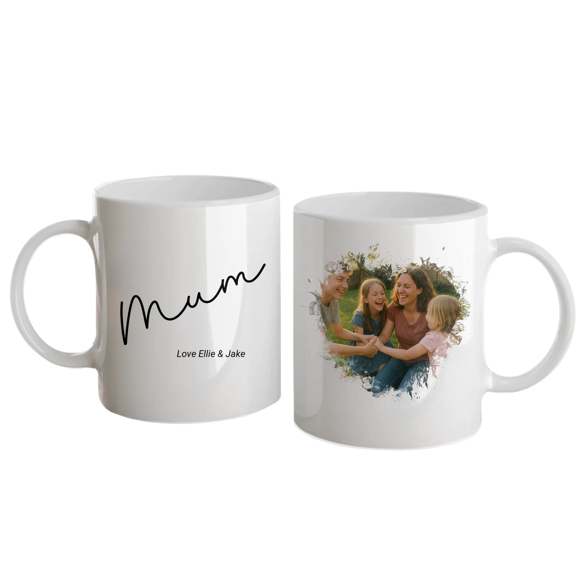 Personalised white mug for mum, featuring a custom photo in a beautiful heart shape. Choice of mum-related names available. White handle and interior.
