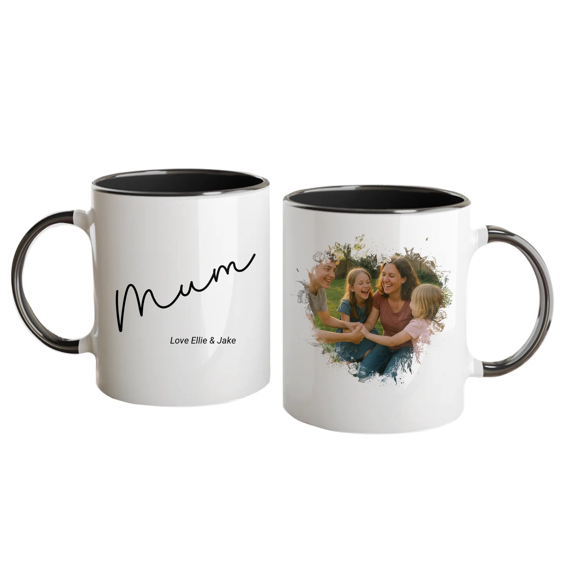 Personalised white mug for mum, featuring a custom photo in a beautiful heart shape. Choice of mum-related names available. Black handle and interior.
