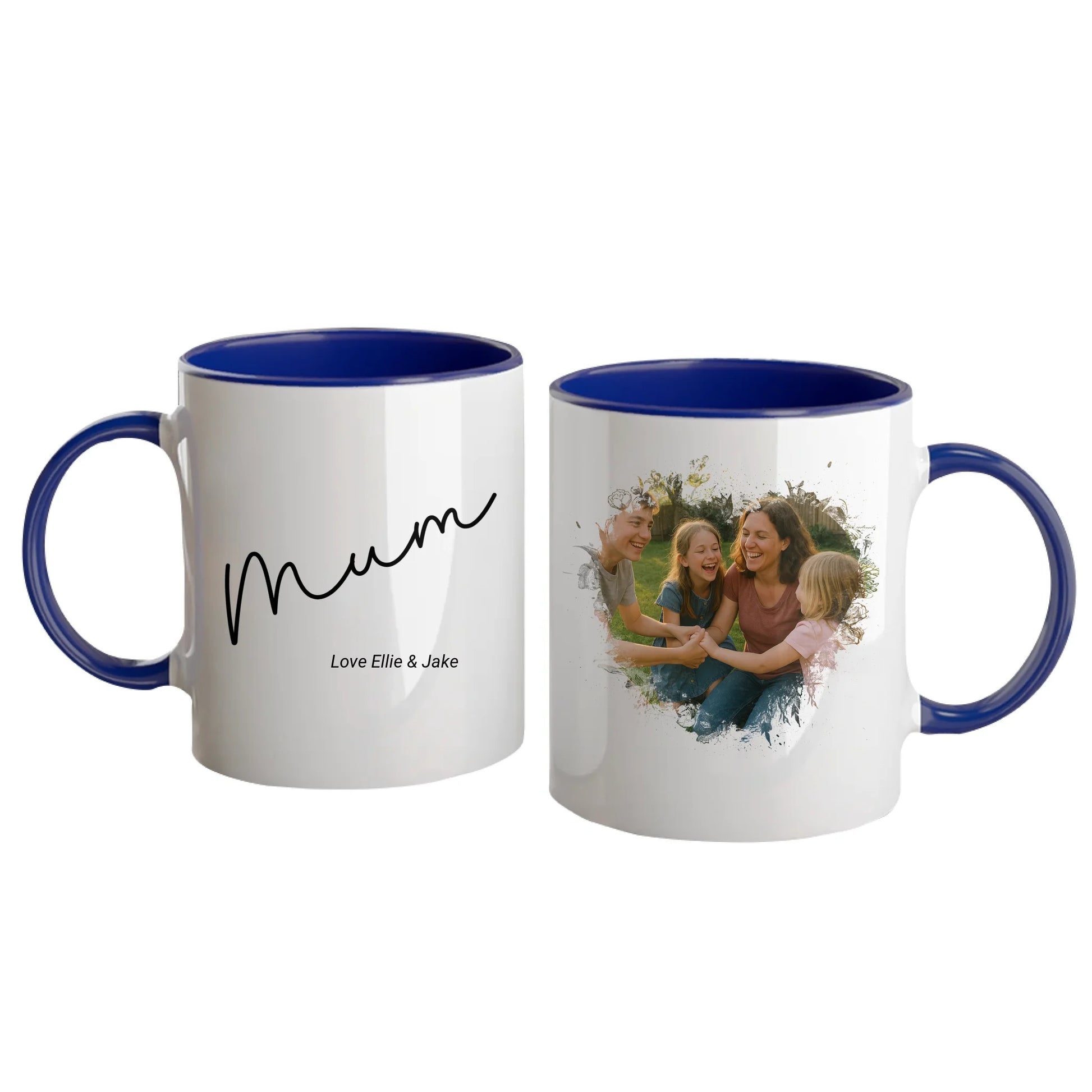 Personalised white mug for mum, featuring a custom photo in a beautiful heart shape. Choice of mum-related names available. Blue handle and interior.