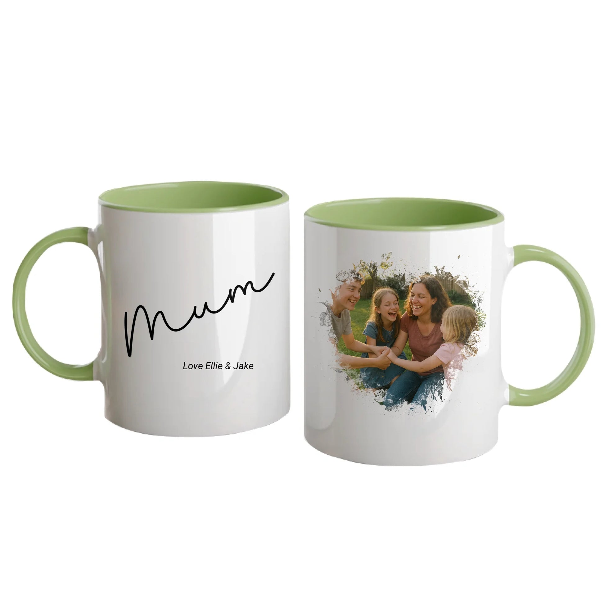 Personalised white mug for mum, featuring a custom photo in a beautiful heart shape. Choice of mum-related names available. Green handle and interior.