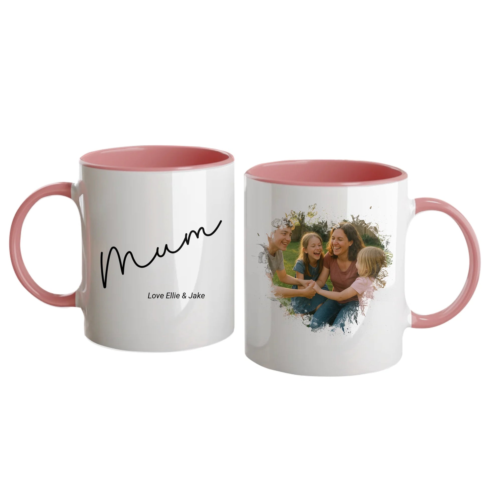 Personalised white mug for mum, featuring a custom photo in a beautiful heart shape. Choice of mum-related names available. Pink handle and interior.