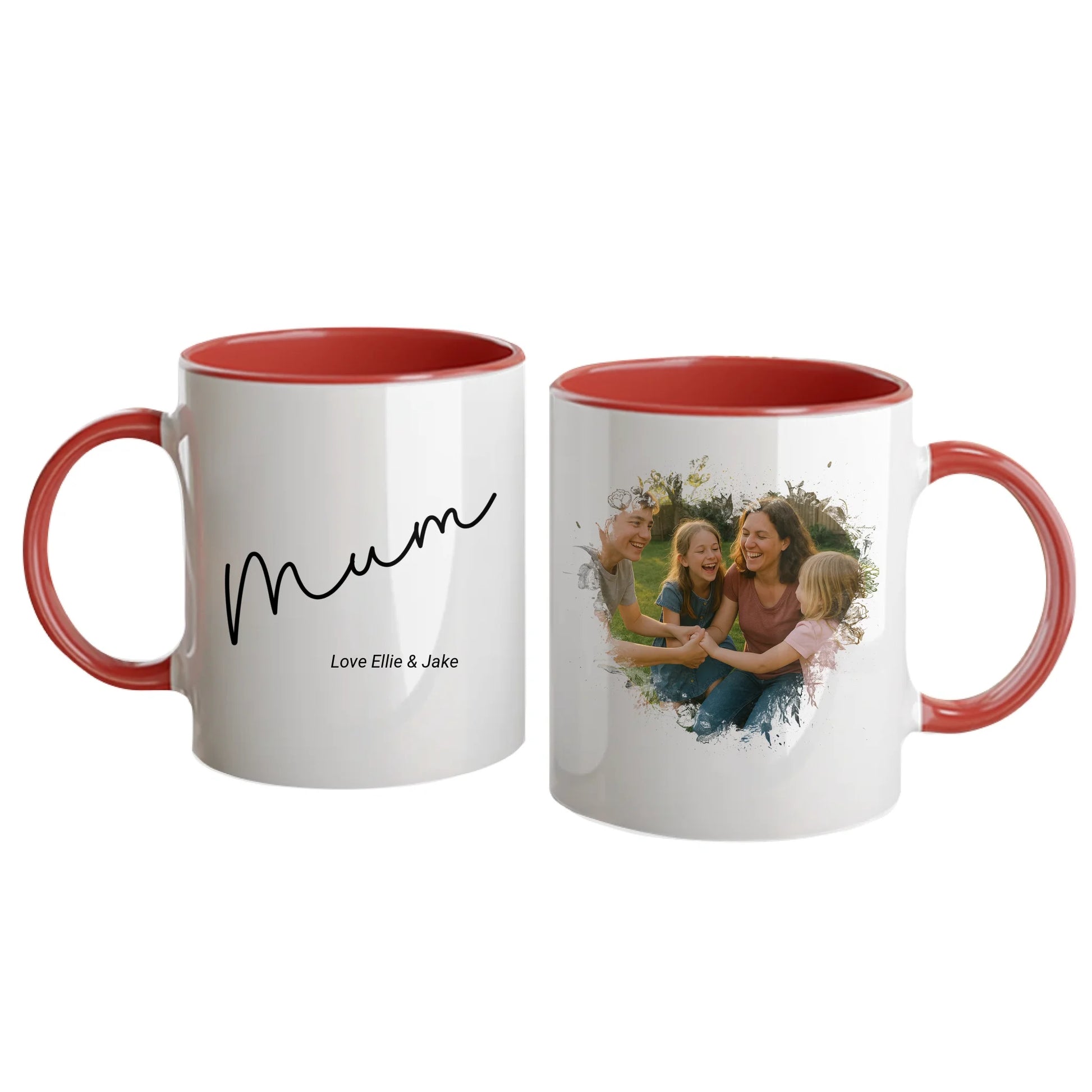 Personalised white mug for mum, featuring a custom photo in a beautiful heart shape. Choice of mum-related names available. Red handle and interior.