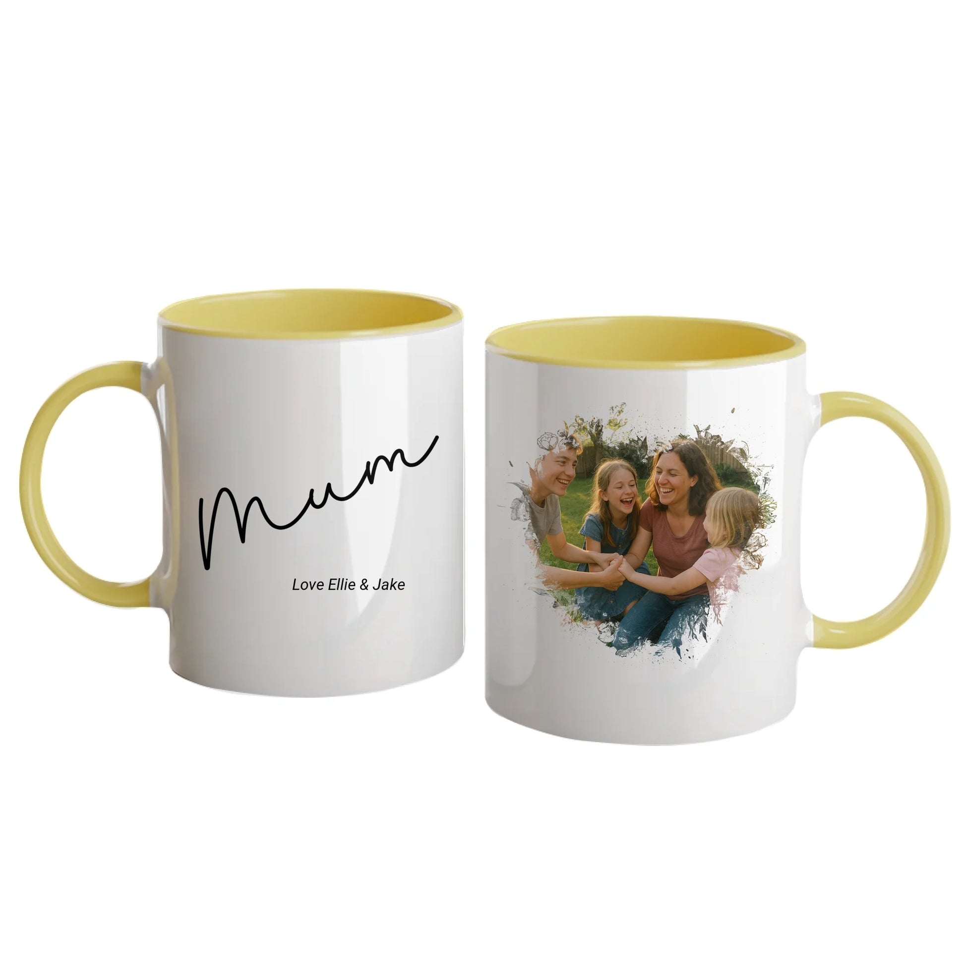 Personalised white mug for mum, featuring a custom photo in a beautiful heart shape. Choice of mum-related names available. Yellow handle and interior.