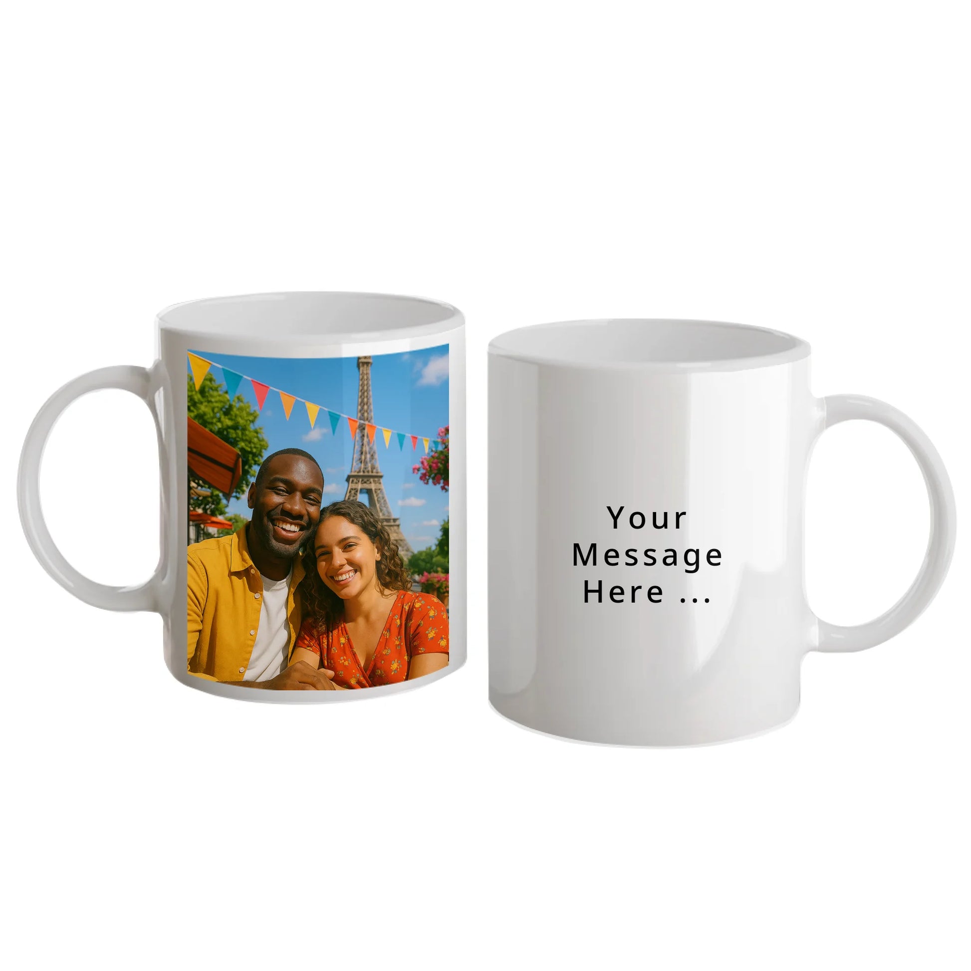 Personalised white mug with custom photo upload and a personal message in a choice of fonts and colours. White handle and interior.