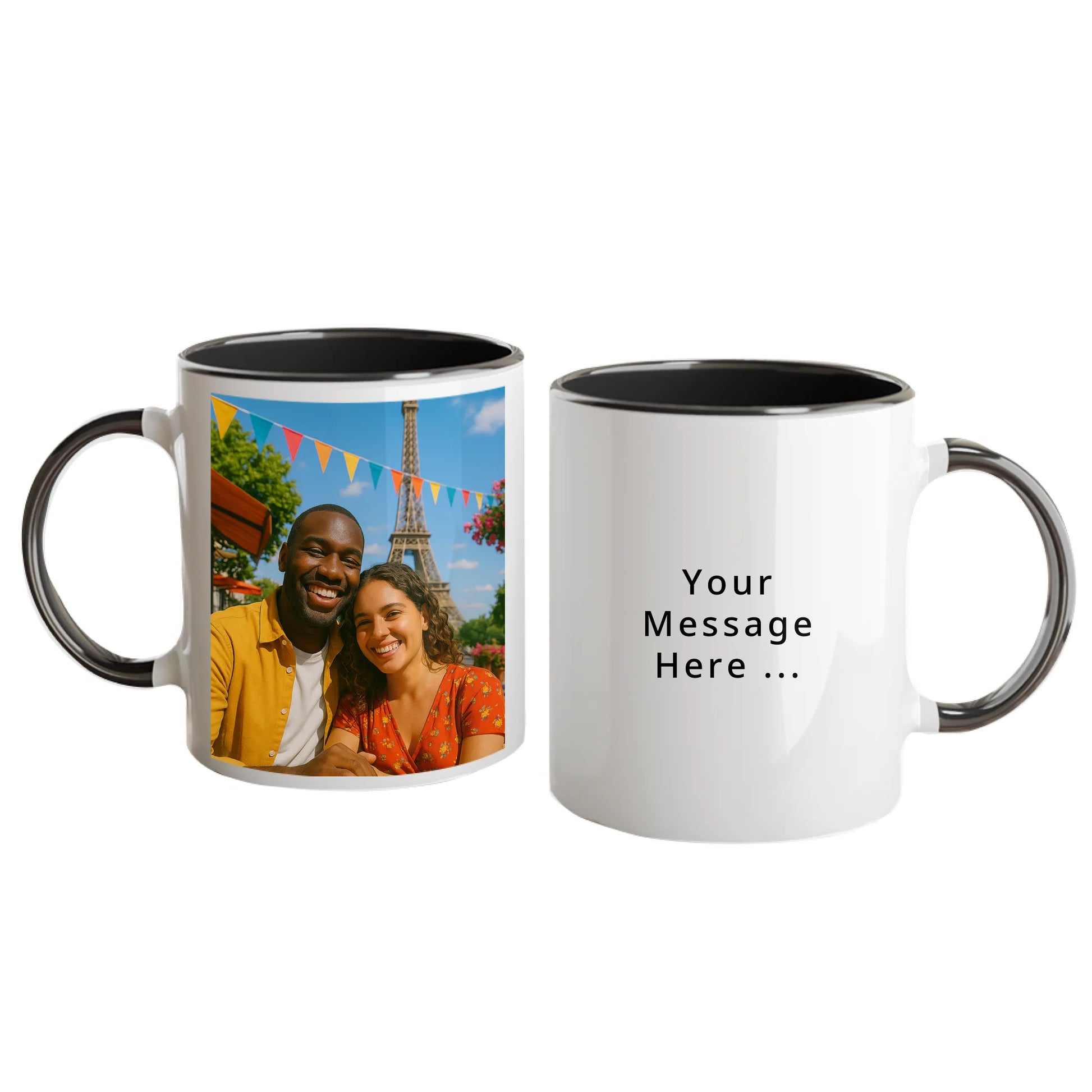 Personalised white mug with custom photo upload and a personal message in a choice of fonts and colours. Black handle and interior.