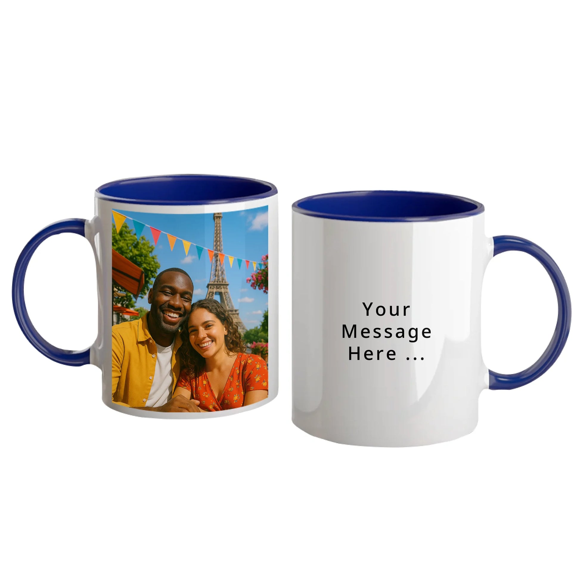 Personalised white mug with custom photo upload and a personal message in a choice of fonts and colours. Blue handle and interior.