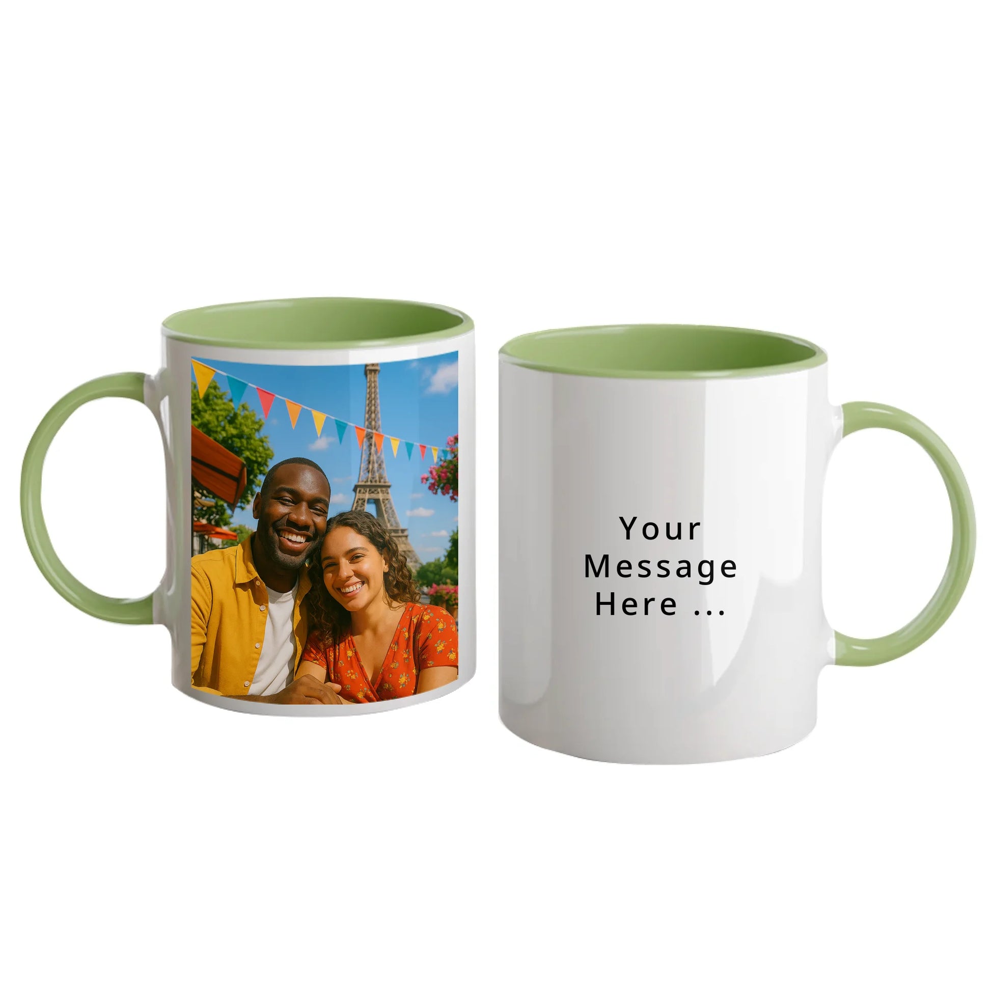 Personalised white mug with custom photo upload and a personal message in a choice of fonts and colours. Green handle and interior.