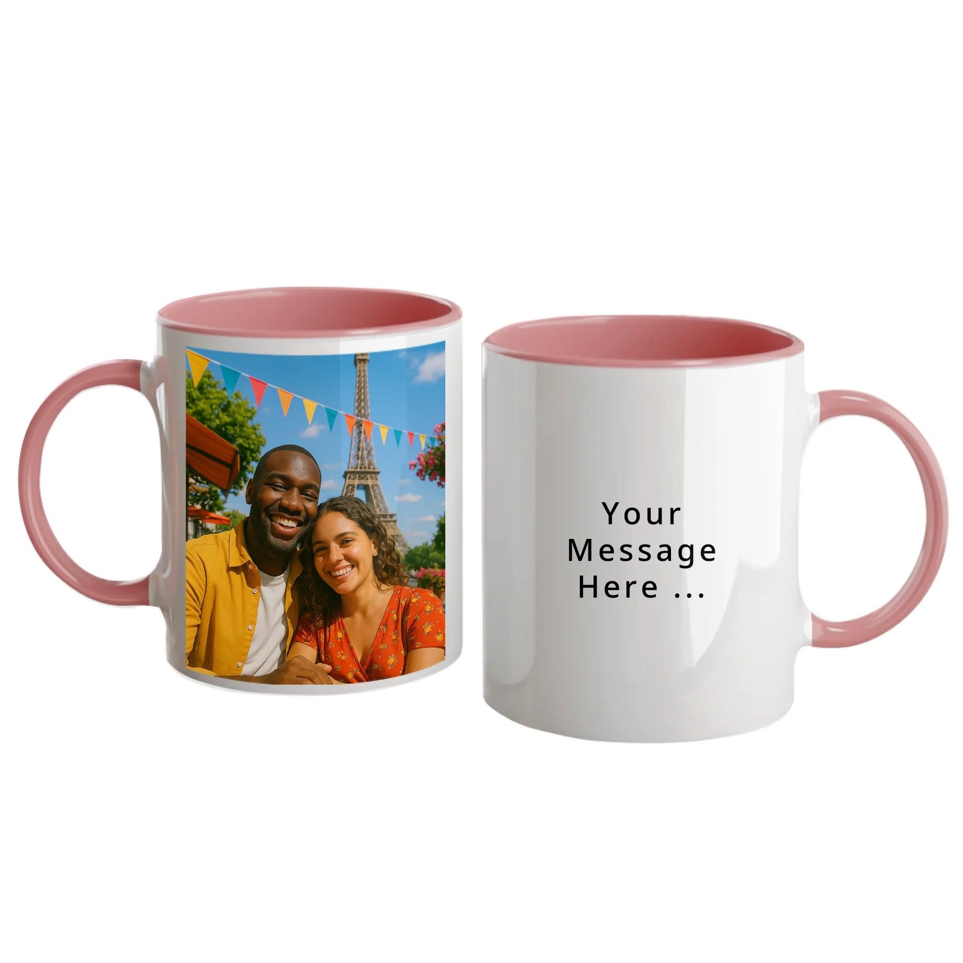 Personalised white mug with custom photo upload and a personal message in a choice of fonts and colours. Pink handle and interior.