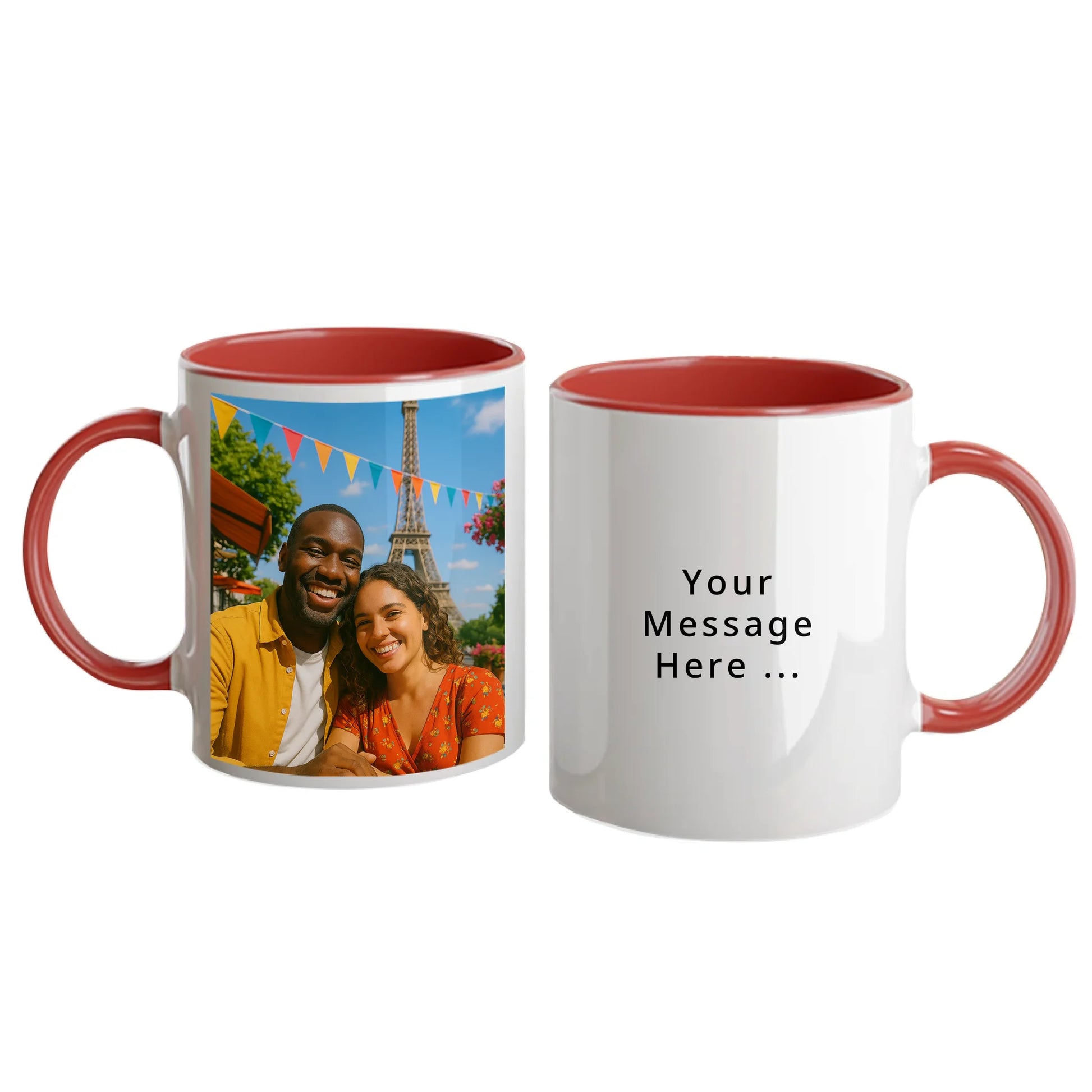 Personalised white mug with custom photo upload and a personal message in a choice of fonts and colours. Red handle and interior.