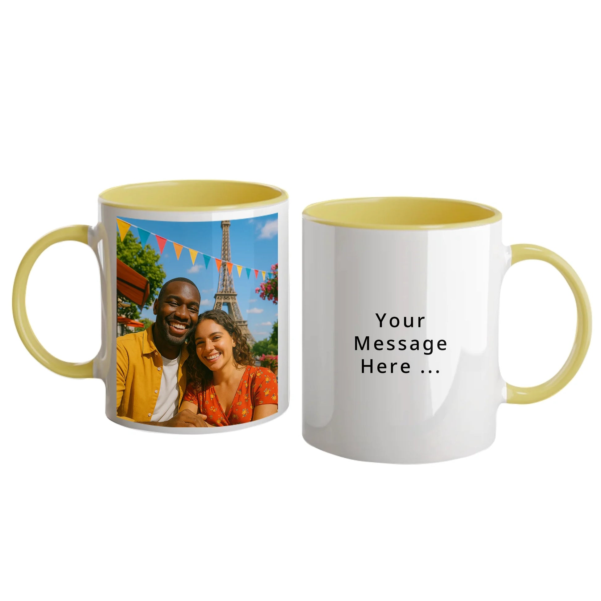 Personalised white mug with custom photo upload and a personal message in a choice of fonts and colours. Yellow handle and interior.