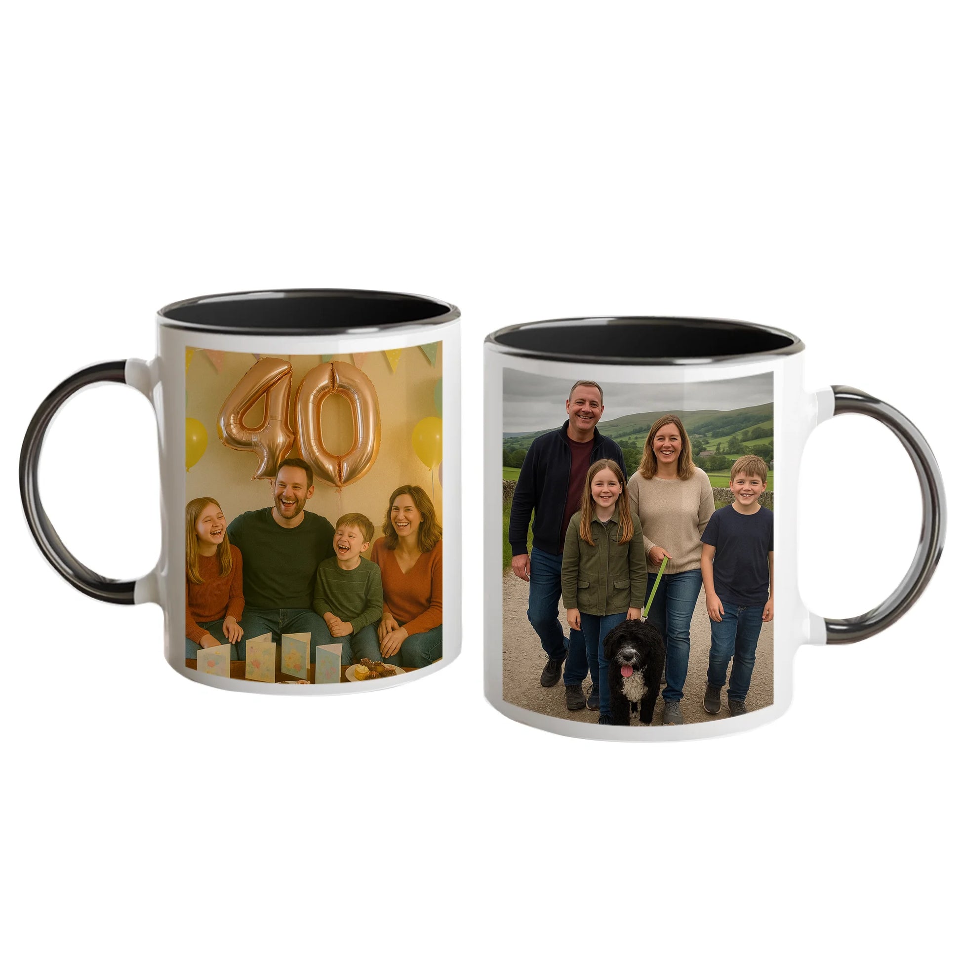 Personalised white mug with two photo upload areas. Black handle and interior.